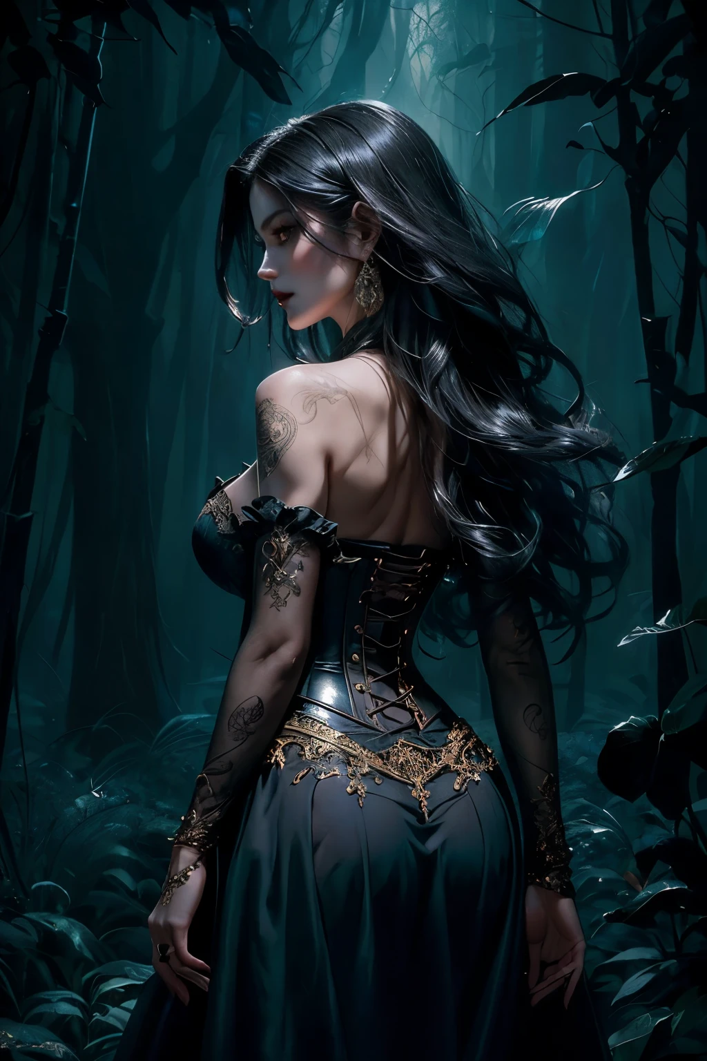 (Beautiful painting of a perfect female vampire with a slender figure and large breasts,) shapeless, long hair flowing softly around her, (perfect features accentuated by a striking makeup), (wearing an extremely ornate and intricately designed baroque vampire corset), (positioned in a captivating cowboy shot with a hint of mystery), (abstract beauty with near-perfection and a sense of pure form), (dynamically posed amidst an ethereal background), (deep dark shadows adding depth and drama to the scene), (strong cinematic lighting illuminating her features), (back lighting enhancing the texture and details of her garment), (concept