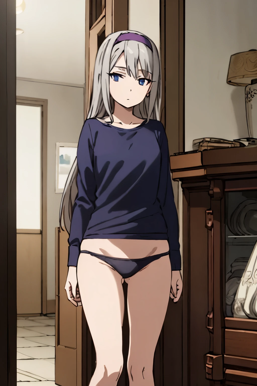 best quality, (masterpiece:1.2), detailed,
1girl, solo, expressionless,
grey hair, blue eyes, long hair, purple hairband, underwear, bikini,
standing, looking at the viewer,
indoors sitting, knees together feet apart, anime coloring,