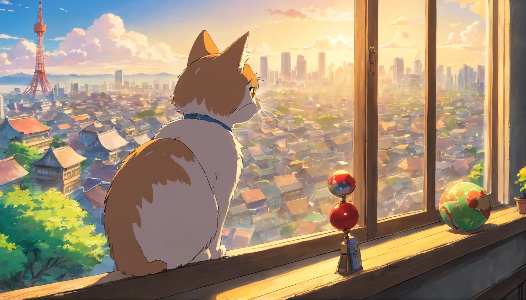 Cat holding a toy ball in its mouth、girl、Tokyo、You can see the cityscape from the window