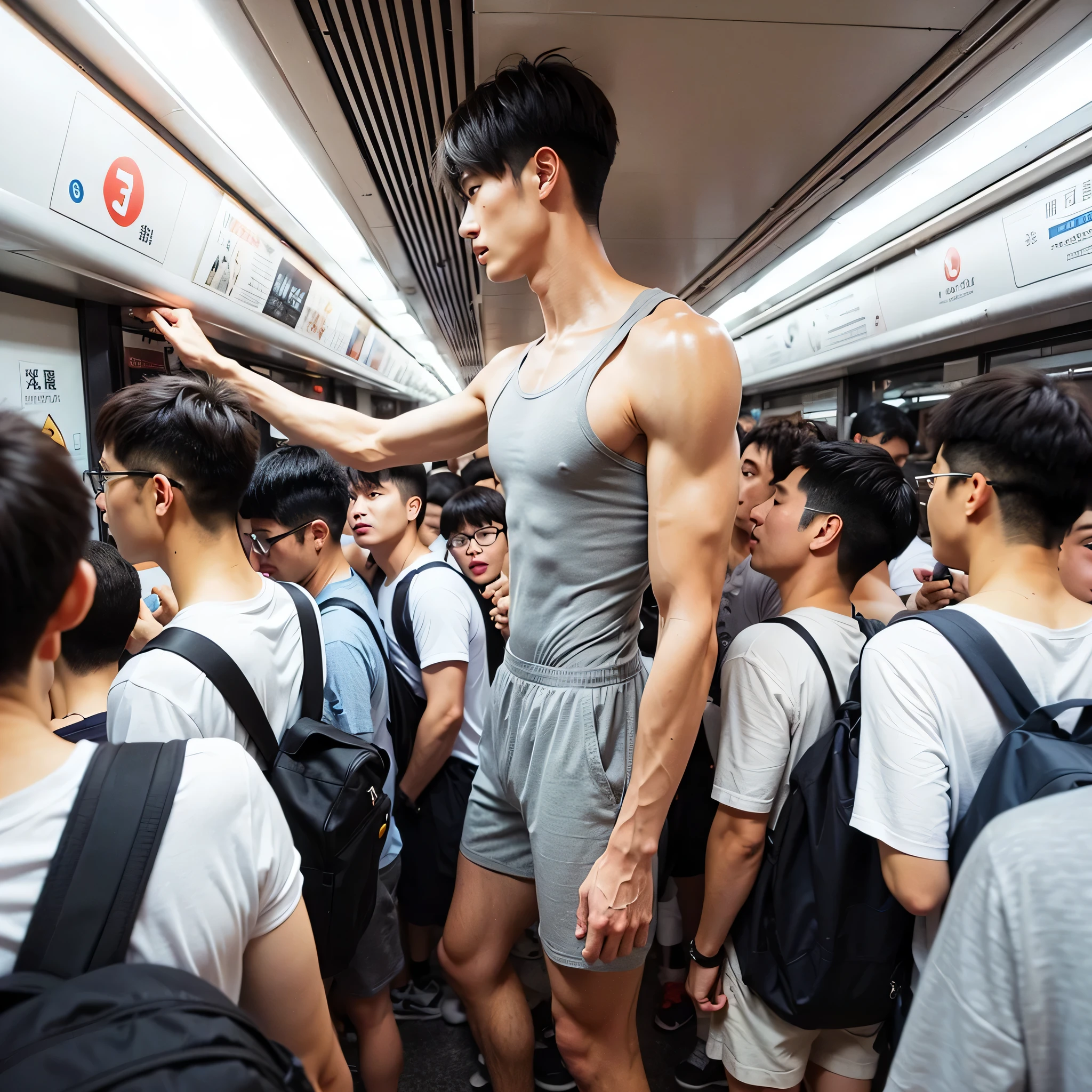 An extremely tall guy, Chinese, handsome, muscular, soft eyes, low tapercut, gray tank top, gray shorts, black shoes, trying to get inside the subway platform, with short crowd