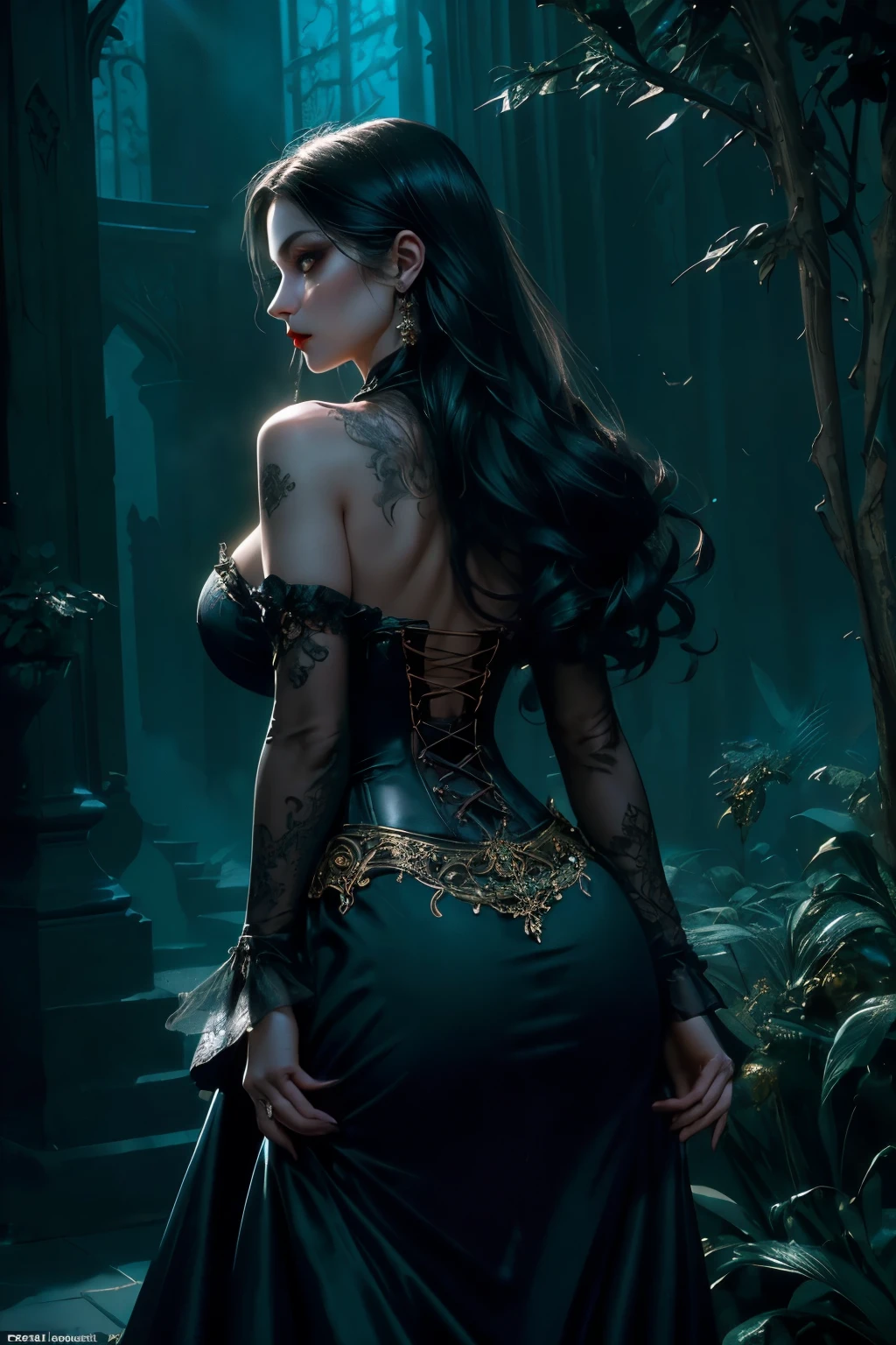 (Beautiful painting of a perfect female vampire with a slender figure and large breasts,) shapeless, long hair flowing softly around her, (perfect features accentuated by a striking makeup), (wearing an extremely ornate and intricately designed baroque vampire corset), (positioned in a captivating cowboy shot with a hint of mystery), (abstract beauty with near-perfection and a sense of pure form), (dynamically posed amidst an ethereal background), (deep dark shadows adding depth and drama to the scene), (strong cinematic lighting illuminating her features), (back lighting enhancing the texture and details of her garment), (concept