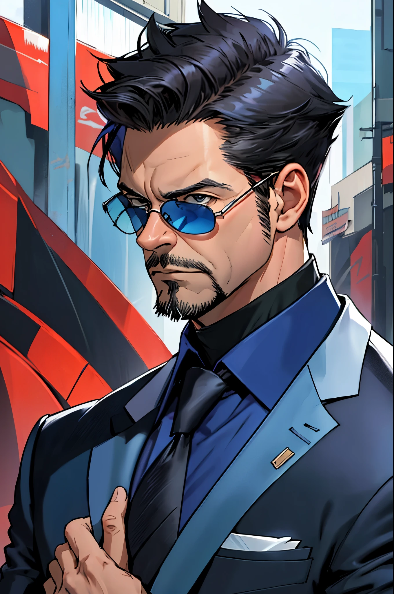 Tony Stark, blue business suit, hair combed back, Sunglasses, tie, blue shirt, black gloves, sunny day, melancholy, half of the face is vertically dark