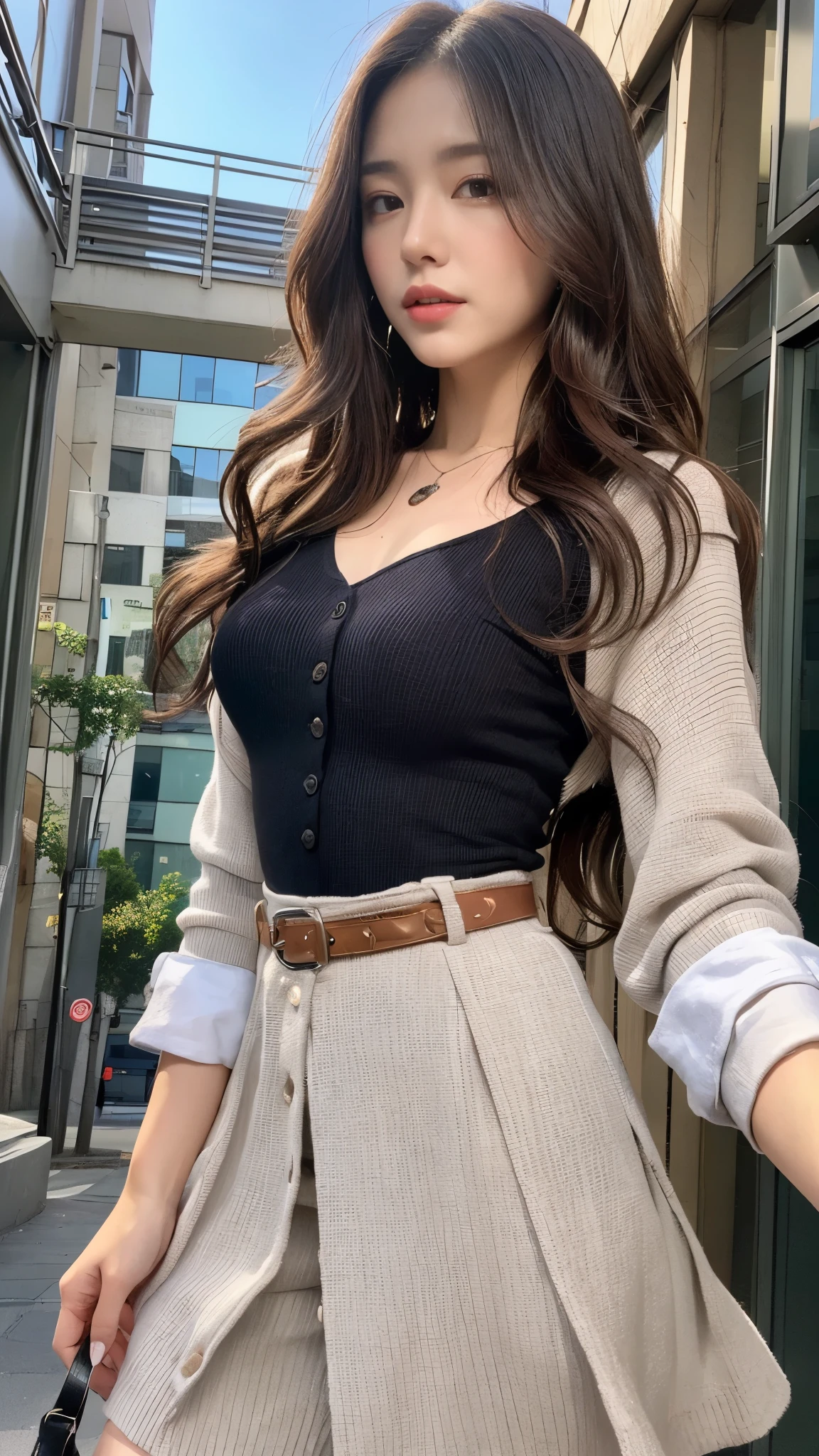 (best quality, high resolution, masterpiece :1.3), Tall and pretty woman, slim abs, Dark brown hair with loose wavy styling, chest, wear a pendant, White button-up shirt, belt, black skirt, (Modern architecture in the background), Exquisitely detailed details on the texture of the face and skin, detailed eyes, double eyelid