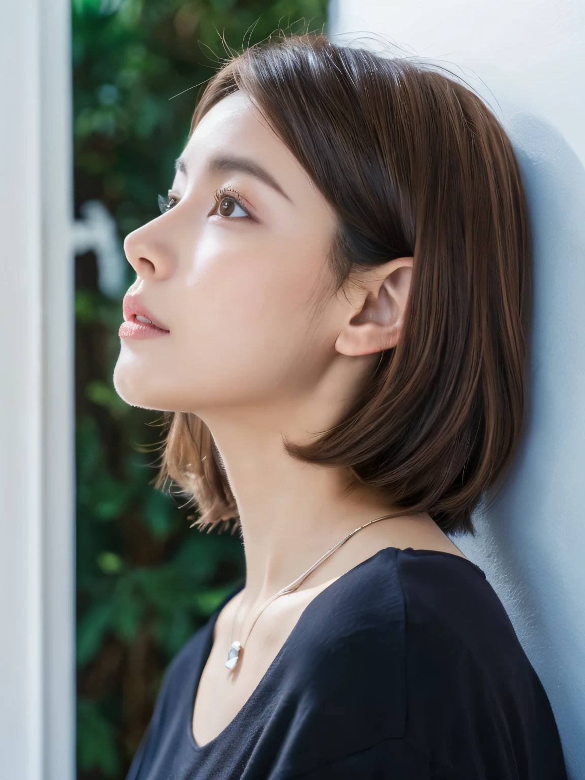 white wall、Taken in front of the white door、(窓のあるwhite wallの部屋)、(8K、Live shooting、highest quality、masterpiece:1.2)、High-definition RAW color photo、professional photos、(real、フォトreal:1.37)、Shot in natural light、1 girl、(various poses)、BREAK is (Ombre:1.3) 、winter clothes、 necklace、(Beautiful profile:1.3)、profile、shortcut、((brown hair)、short hair、Eye color is dark brown、(Beautiful profile:1.3)、correct hand of human body、looking down、Dark colored clothes、Wearing spring clothes、((correct human body profile))、(detailed eyes)
