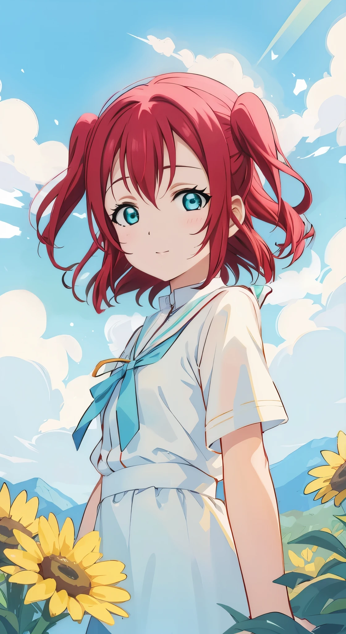 Ruby kurosawa, aqua eyes, medium hair, red hair, two side up, twintails, 