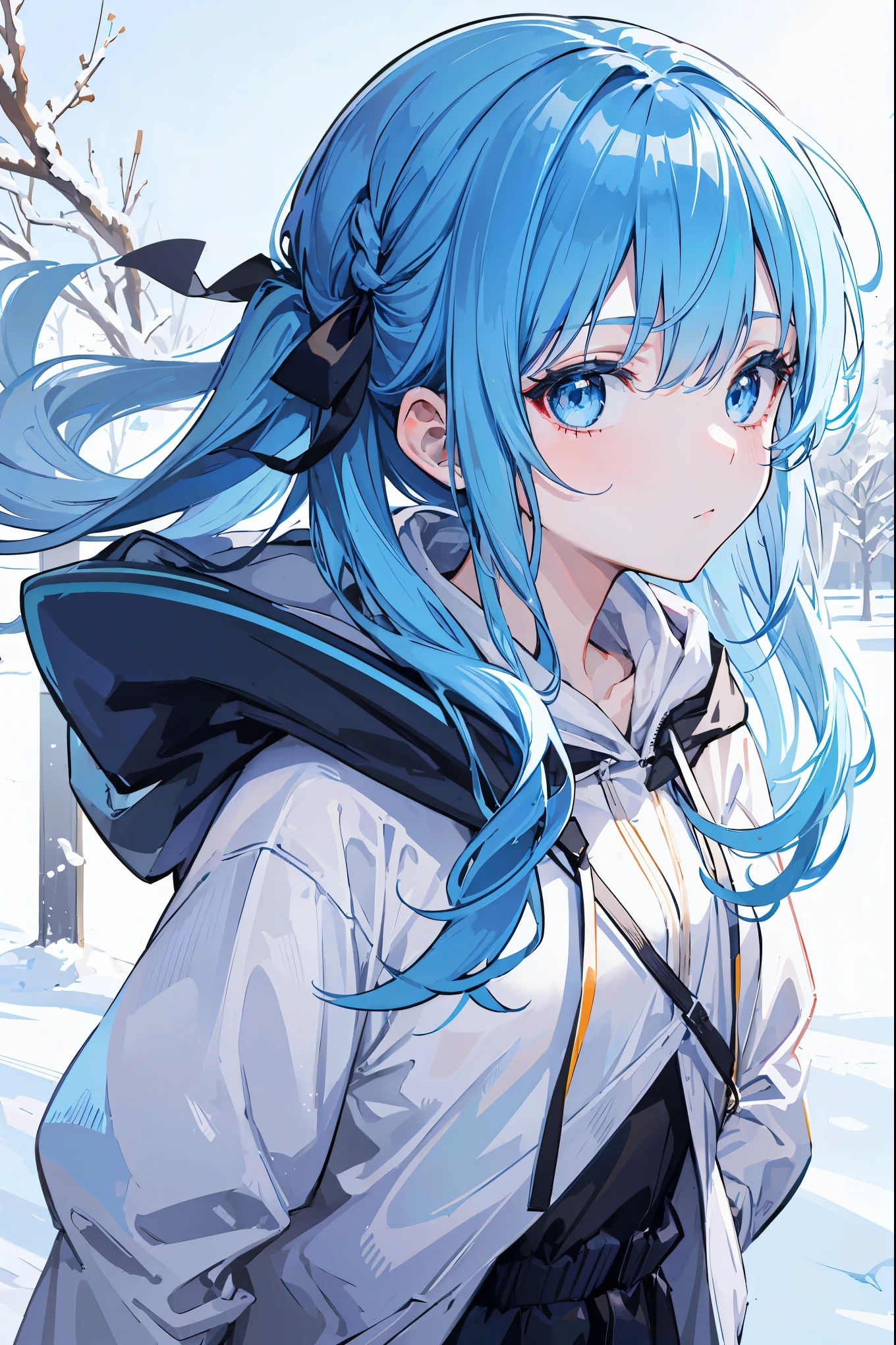 1girl,light blue hair,blue eyes,hair ribbon,blue and white hoodie,winter,looking at viewer,profile picture, Eye-Level Shot