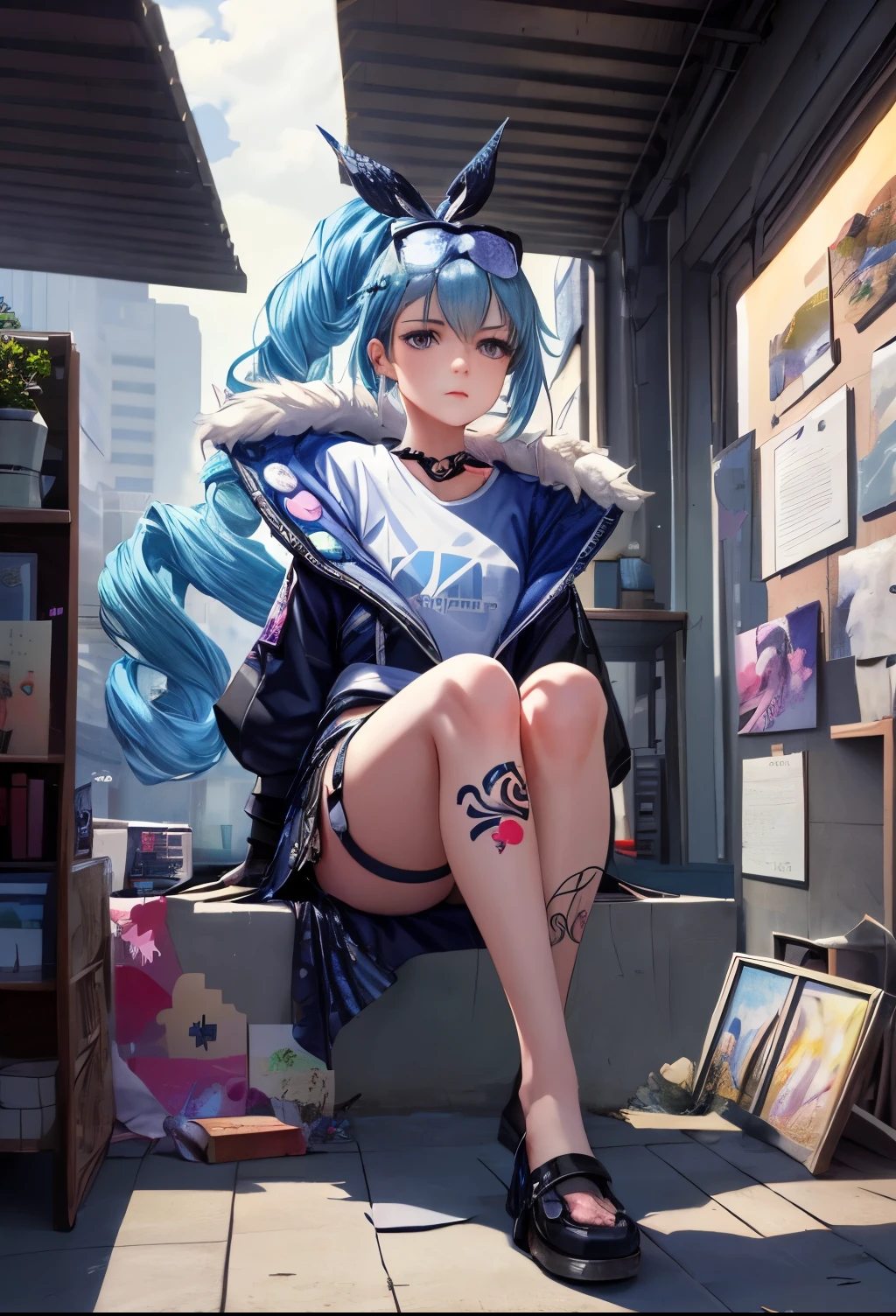 Ultra-high definition 2D art, close-up (1 woman), light blue hair, 2D animation style, soft and delicate depiction, attention also on her full-body tattoos (full-body art), landscape mode, masterpieces by Guweiz and James Jean, tattoo expert designs by CGSCOSITY, etc. A beautiful blue-haired girl who became a hot topic at the trend art station of Japan.
