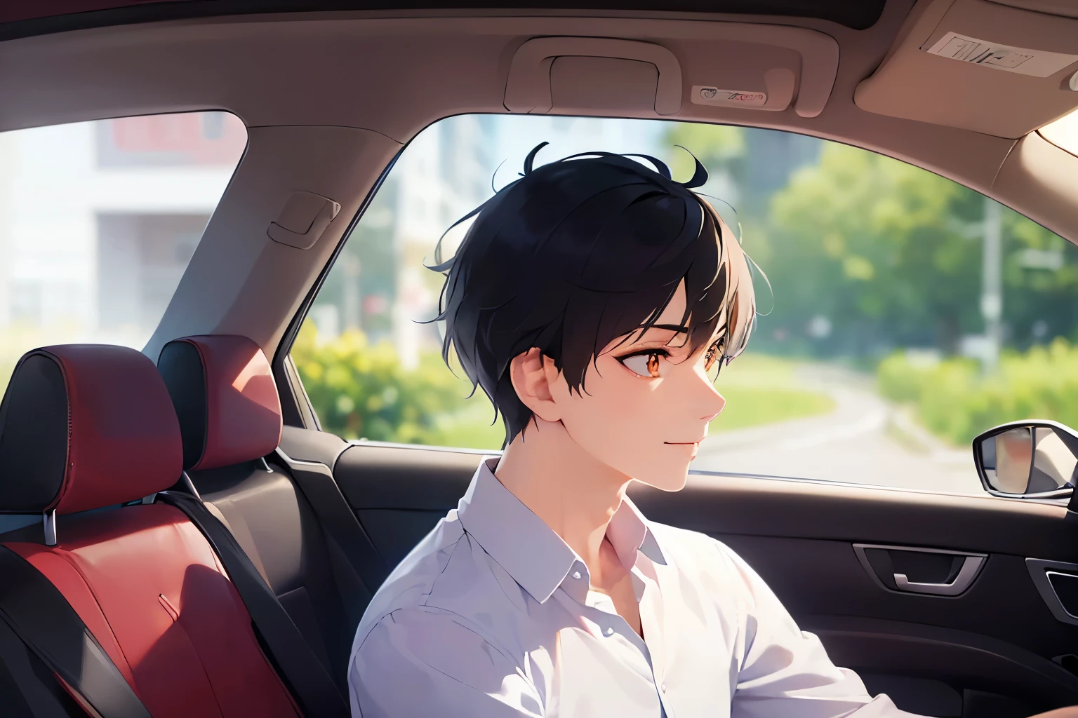 driving, masterpiece、high quality、(looking away:1.5), (A 25-year-old man with short black hair and orange eyes.:1.5)、Wearing a gray suit、(Alone:1.5)、(A gentle smiling face:1.1)、(Only the upper body is shown.:1.3)、The background is the driver's seat of the car、bold composition、