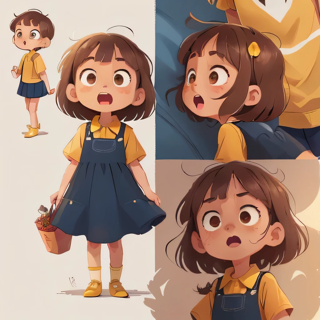 ((character design sheet, same character, front, side, back)), illustration, illustration, landscape, landscape, close-up, perfect quality, has clear focus (master piece: 1.2), different expressions (1.3), panicking, surprised, various expressions, happy, sad, angry, open mouth, shut up, disappointed 1, cute eyes, anthropomorphic styles, drawing a card, a 6 year , full body, light skin, dark brown eyes, ((brown hair at neck height)), ((she is wearing a delicate dark blue dress with no prints underneath the yellow polo shirt dress)), red shoes, yellow socks and a red backpack, she is happy, adventurous, (Bokeh) (best quality) (detailed skin: 1.3) (intricate details) (8k) (eye detail) (sharp focus), white background, no background.