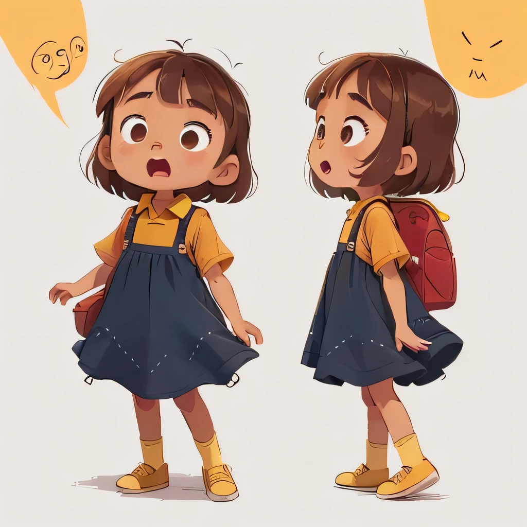 ((character design sheet, same character, front, side, back)), illustration, illustration, landscape, landscape, close-up, perfect quality, has clear focus (master piece: 1.2), different expressions (1.3), panicking, surprised, various expressions, happy, sad, angry, open mouth, shut up, disappointed 1, cute eyes, anthropomorphic styles, drawing, a 6 year , full body, light skin, dark brown eyes, ((brown hair at the height neck)), ((she is wearing a delicate dark blue dress with no prints underneath the yellow polo shirt dress)), red shoes, yellow socks and a red backpack, she is happy, adventurous, (Bokeh) (best quality) (skin detailed: 1.3) (intricate details) (8k) (eye detail) (sharp focus), white background, no background.