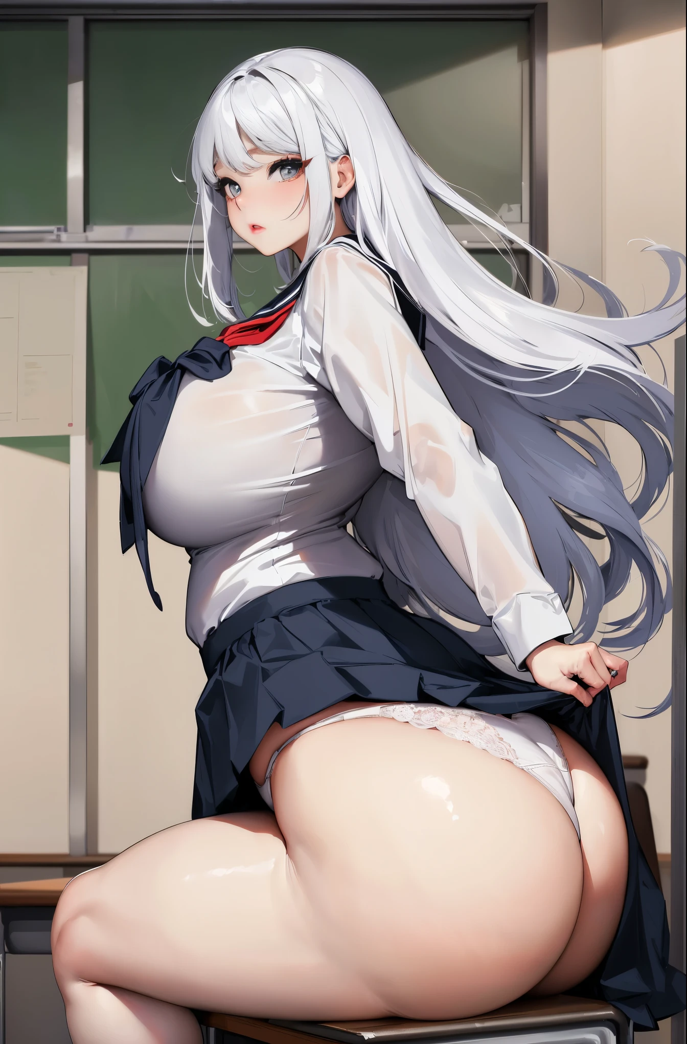 official art, masterpiece, sharp focus, (beautiful gorgeous cute Korean woman:1.3), (beautiful cute korean:1.3), korean beauty, Delicate and beautiful hair and eyes and face, realistic, ultra detailed, beautiful girl, POV: ((((Huge gigantic ass)))) platinum white hair, school girl uniform and school girl skirt, lace panties, skinny, slim thick, small waist, 8k, UHD, (curvy accentuated and lifted booty), school classroom background