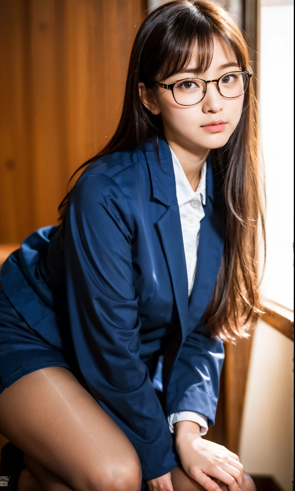 Ulchan-6500-v1.1, (RAW photo:1.2), (realistic:1.4), beautiful detailed girl, very detailed eyes and face, beautiful and fine eyes, That&#39;s ridiculous, incredibly That&#39;s ridiculous, huge file size, Super detailed, High resolution, very detailed, highest quality, masterpiece, Kemomimi, ((Japanese girls&#39; high school uniform)), figure, very detailed, cg, unified, 8k wallpaper, wonderful, small details, masterpiece, highest quality, very detailed cg uniform 8k wallpaper, face light, cinematic lighting, 1 girl, 16 years old, (no panties)), (with glasses), ((dynamic pose))), (camel toe), (half), (pantyhose), (bent knees and sitting legs))
