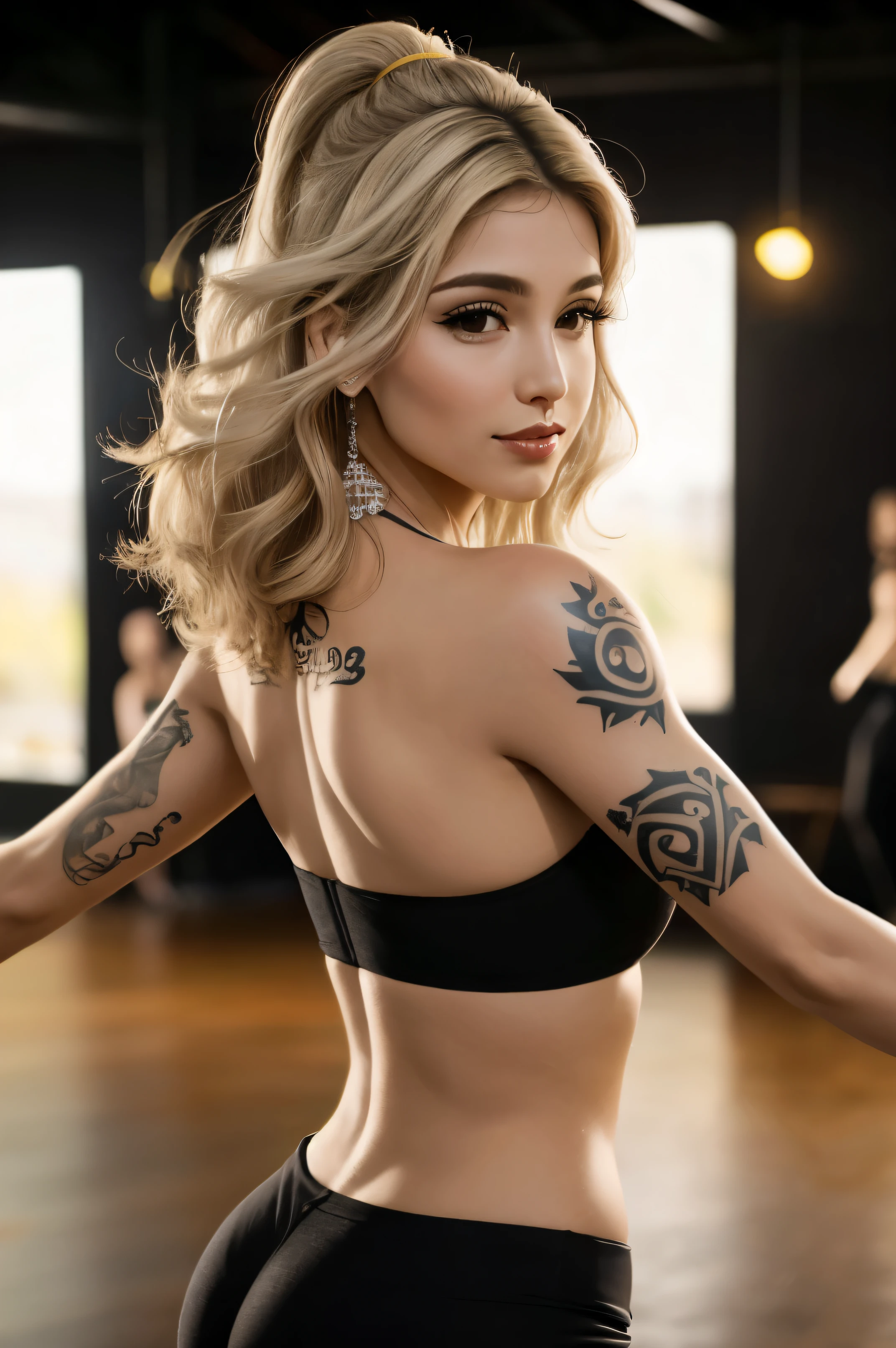 mulher cabelos longos e brancos,  tatuagem no meio dos seios ,
25 anos,ultra realista, de frente , corpo inteiro ,Dancing at poly dance, usando cinta liga