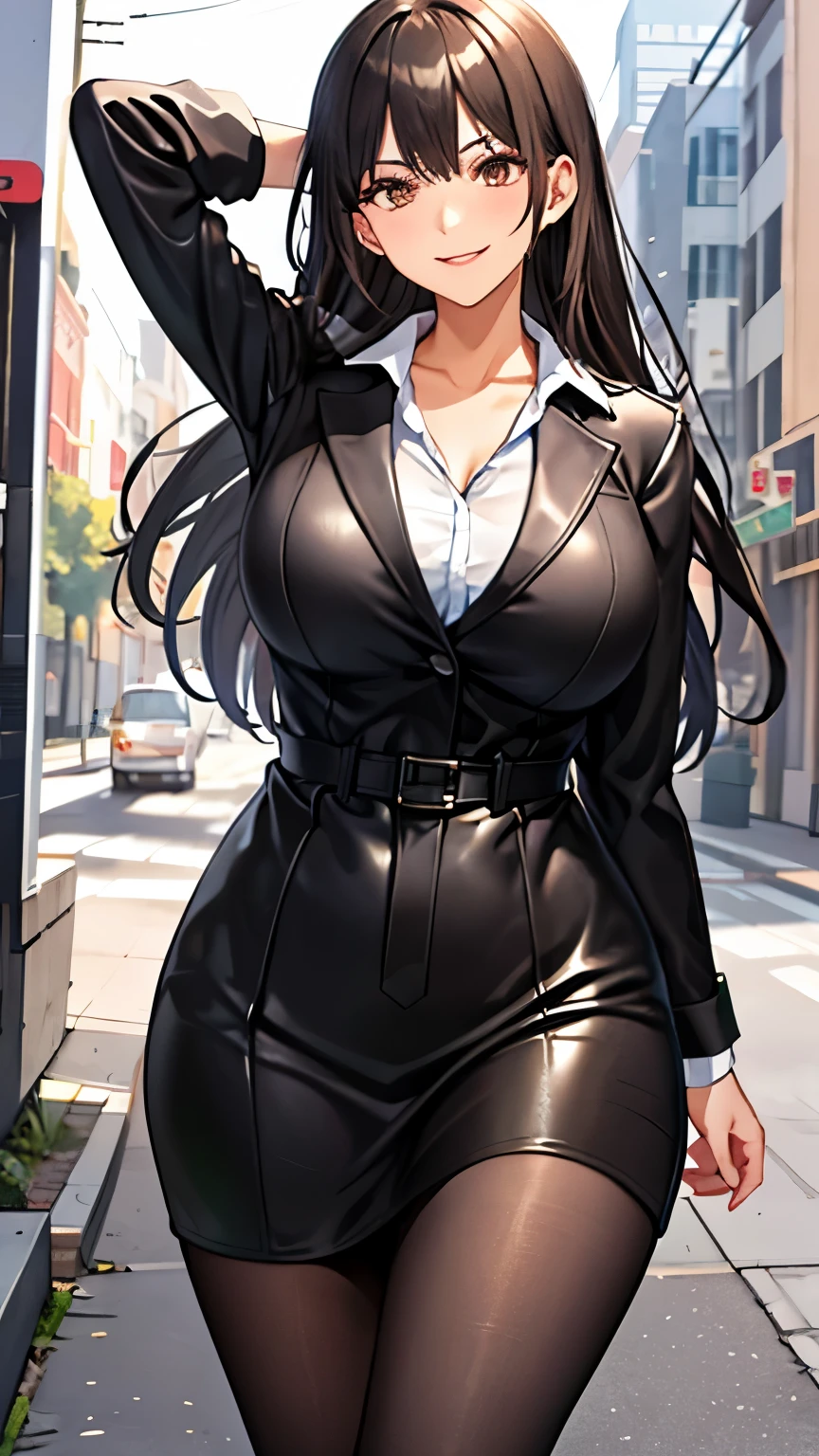 (masterpiece: 1.6, 最high quality), (fine and beautiful eyes: 1.2), (overhead), high quality, beautiful face, 1 girl, Leather tight skirt, Oversized leather jacket, big breasts, long hair, wide hips, (landscaped), street, background, Detail background, creepy smile, smile at the corner of the mouth, long coat, shirt, tie, office lady,