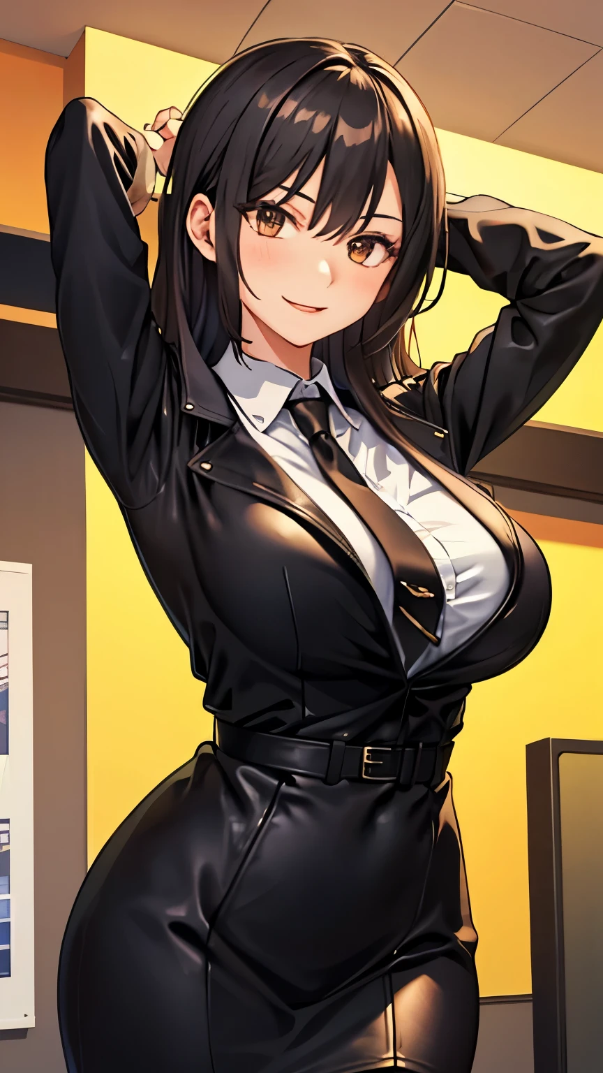 (masterpiece: 1.6, 最high quality), (fine and beautiful eyes: 1.2), (overhead), high quality, beautiful face, 1 girl, Leather tight skirt, Oversized leather jacket, big breasts, long hair, wide hips, (landscaped), street, background, Detail background, creepy smile, smile at the corner of the mouth, long coat, shirt, tie, office lady,