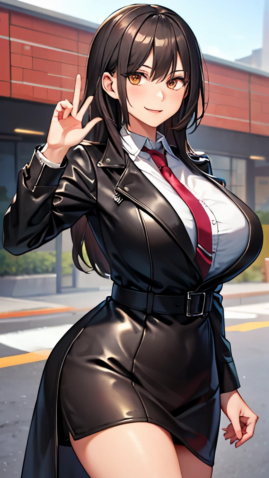 (masterpiece: 1.6, 最high quality), (fine and beautiful eyes: 1.2), (overhead), high quality, beautiful face, 1 girl, Leather tight skirt, Oversized leather jacket, big breasts, long hair, wide hips, (landscaped), street, background, Detail background, creepy smile, smile at the corner of the mouth, long coat, shirt, tie, office lady,