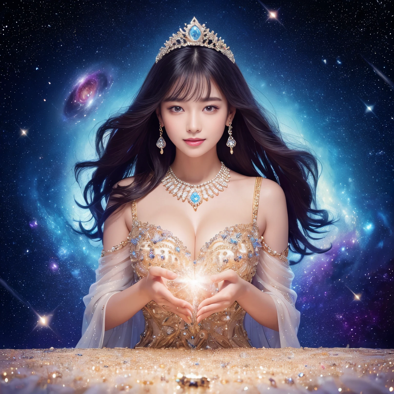 ((highest quality、table top、8K、best image quality、extremely complex and detailed depiction))、one of the most beautiful princesses、big and full breasts、Shining beautiful skin、the biggest smile looking at me、(The most fantastic, cosmic, rainbow-colored, high-quality dress:1.2)、(The most fantastic rainbow colored gradation dress:1.2)、beautiful elegant decoration、Diamond Decoration、The most luxurious and highest quality giant tiara、The most luxurious and highest quality giant necklace、artistic decoration、finest jewelry decoration、The most gorgeous decorations in the world、The most fantastic and mysterious galaxy background、shining galaxy starry sky、the most mysterious cosmic glow
