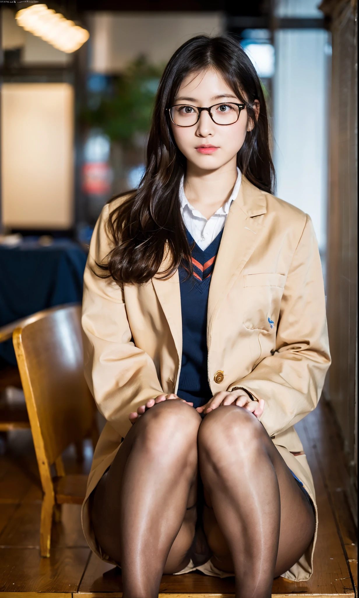 Ulchan-6500-v1.1, (RAW photo:1.2), (realistic:1.4), beautiful detailed girl, very detailed eyes and face, beautiful and fine eyes, That's ridiculous, incredibly That's ridiculous, huge file size, Super detailed, High resolution, very detailed, highest quality, masterpiece, Kemomimi, ((Japanese girls' high school uniform)), figure, very detailed, cg, unified, 8k wallpaper, wonderful, small details, masterpiece, highest quality, very detailed cg uniform 8k wallpaper, face light, cinematic lighting, 1 girl, , (no panties)), (with glasses), ((dynamic pose))), (camel toe), (half),, (bent knees and sitting legs))