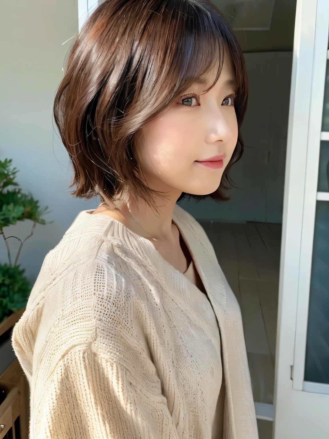 (layered haircut:1.2))、short wavy hair、8K、（Live shooting）、（highest quality）、（フォトrealistic：1.4）Reality to the touch Reality、(4Khigh resolution:1.2)、(high resolution, muste piece, highest qualityの, high detail, official: 1.4), (Reality: 1.2, ハイパーrealistic: 1.1, フォトrealisticです: 1.37), Depth of bounds written, (detailed description of hair), (Detailed description of the face), unparalleled beauty,, (35 years old,: 1.4)、I&#39;m a little depressed、white wall、(Taken in front of the white door)、((窓のあるwhite wallの部屋))、indoor、Natural light、short hair、bob hairhair、realistic、high resolution、High quality、profile、various poses、profile、bob hair、random pose、autumn clothes、winter clothes、 wearing necklace、Red hair