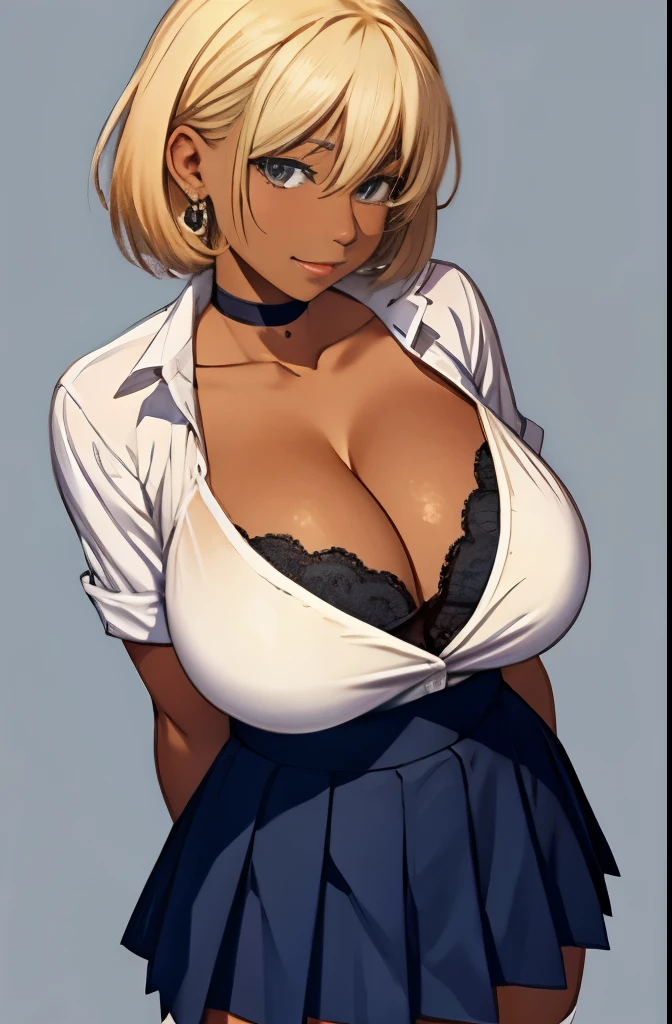1girl, gigantic breasts,dark skin,short hair,white shirt,cleavage,blonde hair,smirk,choker,pleated skirt,simple background,thighhighs