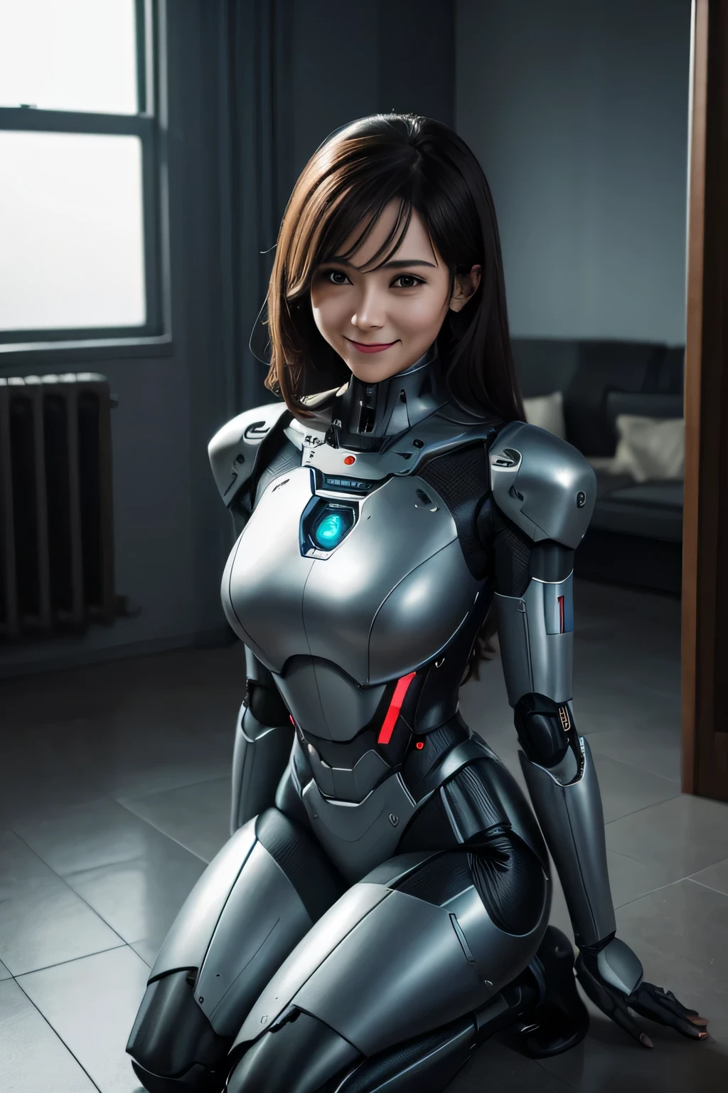 A married woman turned into a robot　Appearance remains human　The machine only looks like a chest.　put on a fake smile　drawn up to the knees　indoor