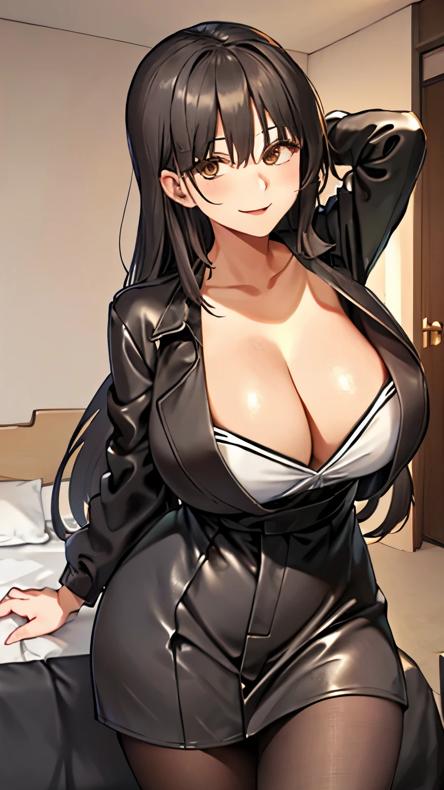 (masterpiece: 1.6, 最high quality), (fine and beautiful eyes: 1.2), (overhead), high quality, beautiful face, 1 girl, Leather tight skirt, Oversized leather jacket, big breasts, long hair, wide hips, (landscaped),background, Detail background, creepy smile, smile at the corner of the mouth, long coat, shirt, tie, office lady,、big cleavage、Hotel、emphasize cleavage、bedroom、random pose