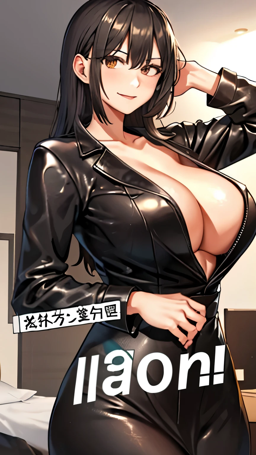 (masterpiece: 1.6, 最high quality), (fine and beautiful eyes: 1.2), (overhead), high quality, beautiful face, 1 girl, Leather tight skirt, Oversized leather jacket, big breasts, long hair, wide hips, (landscaped),background, Detail background, creepy smile, smile at the corner of the mouth, long coat, shirt, tie, office lady,、big cleavage、Hotel、emphasize cleavage、bedroom、random pose