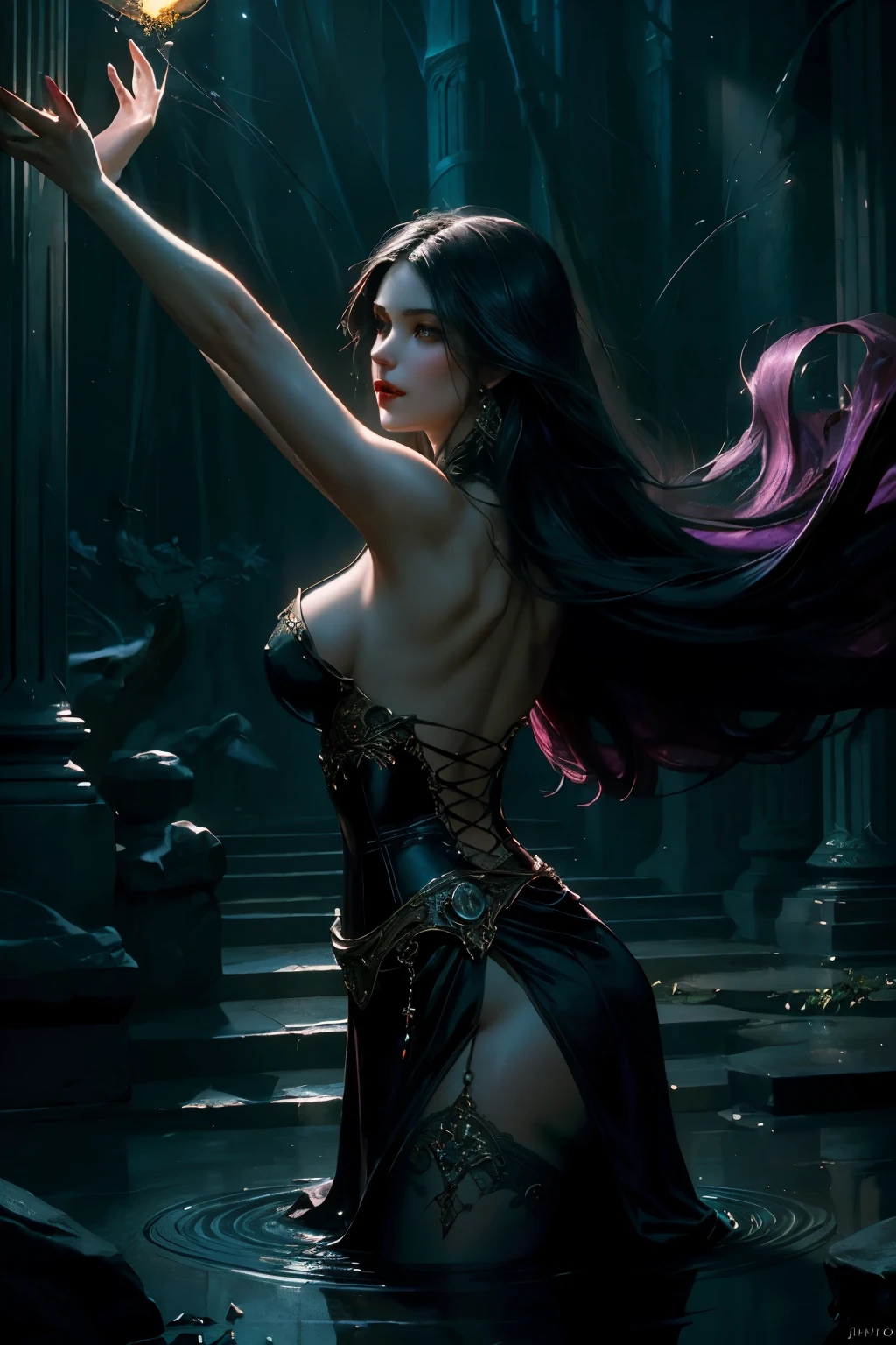 Beautiful painting of a perfect female vampire in an ethereal setting, slender figure exuding elegance, large breasts accentuated by an extremely baroque vampire corset, slender waist and shapeless, flowing long hair cascading down, perfect features emphasized by intricate details and stunningly sharp focus, (striking a dynamic pose with arms outstretched and fangs bared), abstract beauty blending near perfection and pure form, enchanting background bathed in deep dark shadows, (illuminated by strong cinematic lighting and back lighting), concept art by Greg Rutkowski, John William Waterhouse, and Alphonse Mucha, 8k post-production show
