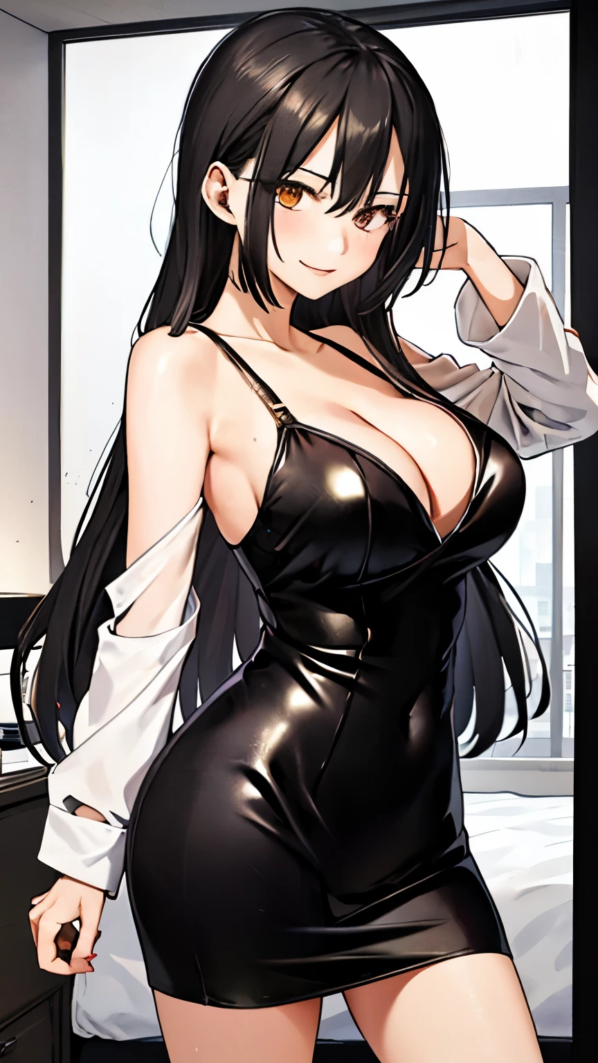 (masterpiece: 1.6, 最high quality), (fine and beautiful eyes: 1.2), (overhead), high quality, beautiful face, 1 girl, Leather tight skirt, one piece、thin、off shoulder、long sleeve, big breasts, long hair, wide hips, (landscaped),background, Detail background, creepy smile, smile at the corner of the mouth, long coat, shirt, tie, office lady,、big cleavage、Hotel、emphasize cleavage、bedroom、random pose