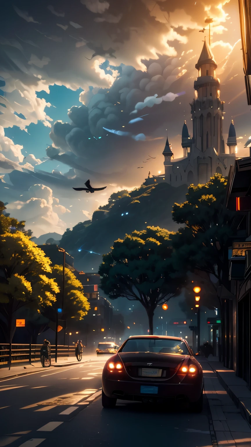 (3D:0.5,realistic:0.5,photorealistic:0.5),(absurdres,Super-resolution,masterpiece,best quality,finely detailed,absurdres:1.2), dramatic light, dramatic illumination, cinematic, anime scenery, makoto shinkai, ghibli, fantasy world, magical, beautiful sky, clouds, building, bikes, airplane trail, birds, dramatic lighting, cinematic lighting, sunset, warm sunset, warm sun, street, depth of field, lens flare,