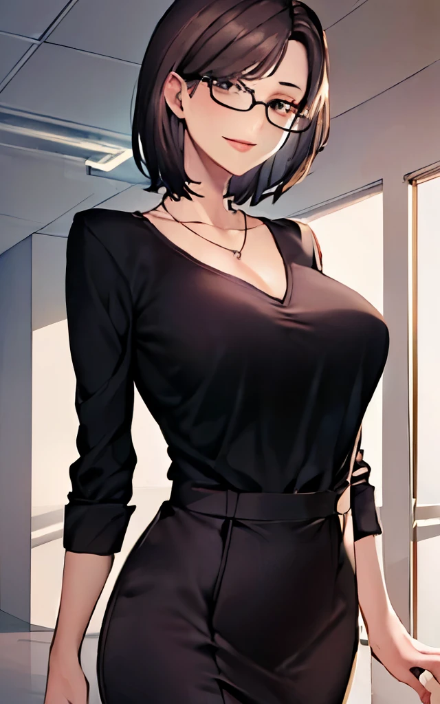 ((masterpiece)), (highest quality), (super detailed), best artist, 4k wallpaper, detailed face, office, indoors, (in the atmosphere:1.5), 1 girl, alone, medium brown hair, elegant haircut, Glasses, lipstick, necklace, choker, collared shirt, skirt, big breasts outdoors, smile, looking at the viewer, fascinating, skin dents