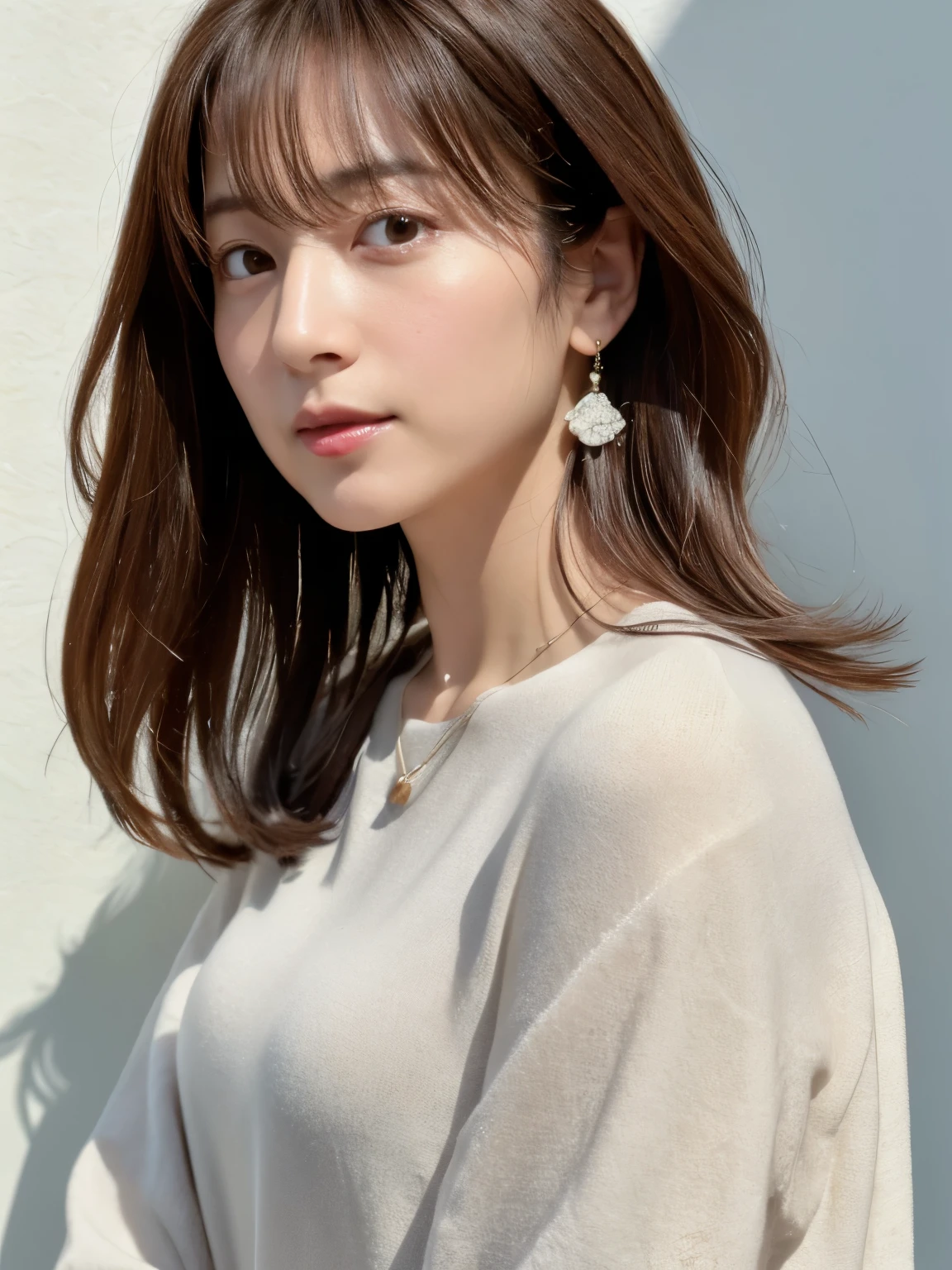 (Highly realistic photos, High resolution, detailed face, fine eyes), Taken in front of a white wall、japanese woman, 40 years old, Variety of facial expressions, alone:1, slim figure, different hairstyles, casual clothes, Alone in a photo、long sleeve dress、Shot in natural light、simple necklace、Spring clothes、Don't look at the camera、profile、Dark brown hair color