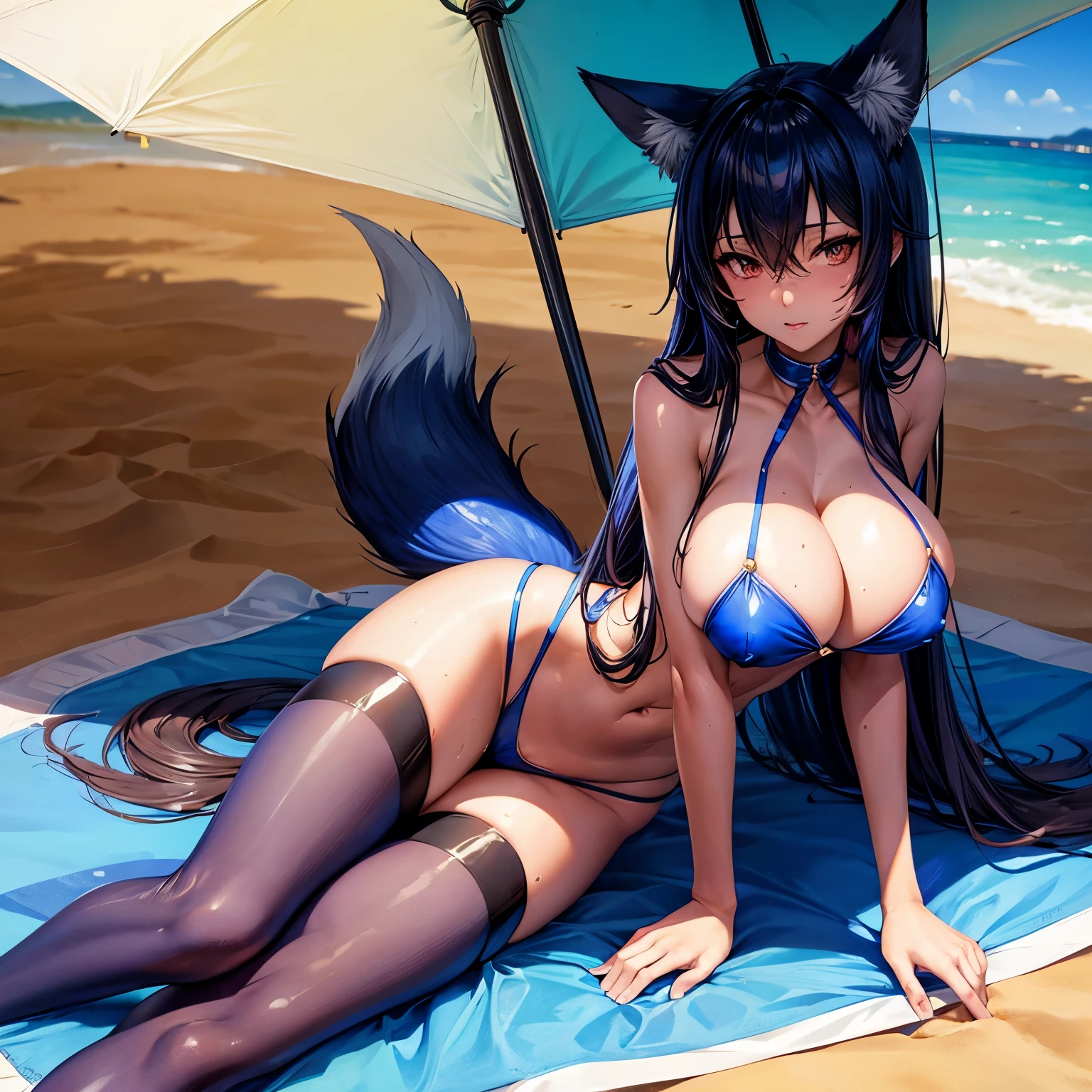 Blue fox girl absolutely naked with huge bust and skinny and sweaty body she's sitting on the beach under umbrella she also has brown eyes and a tail