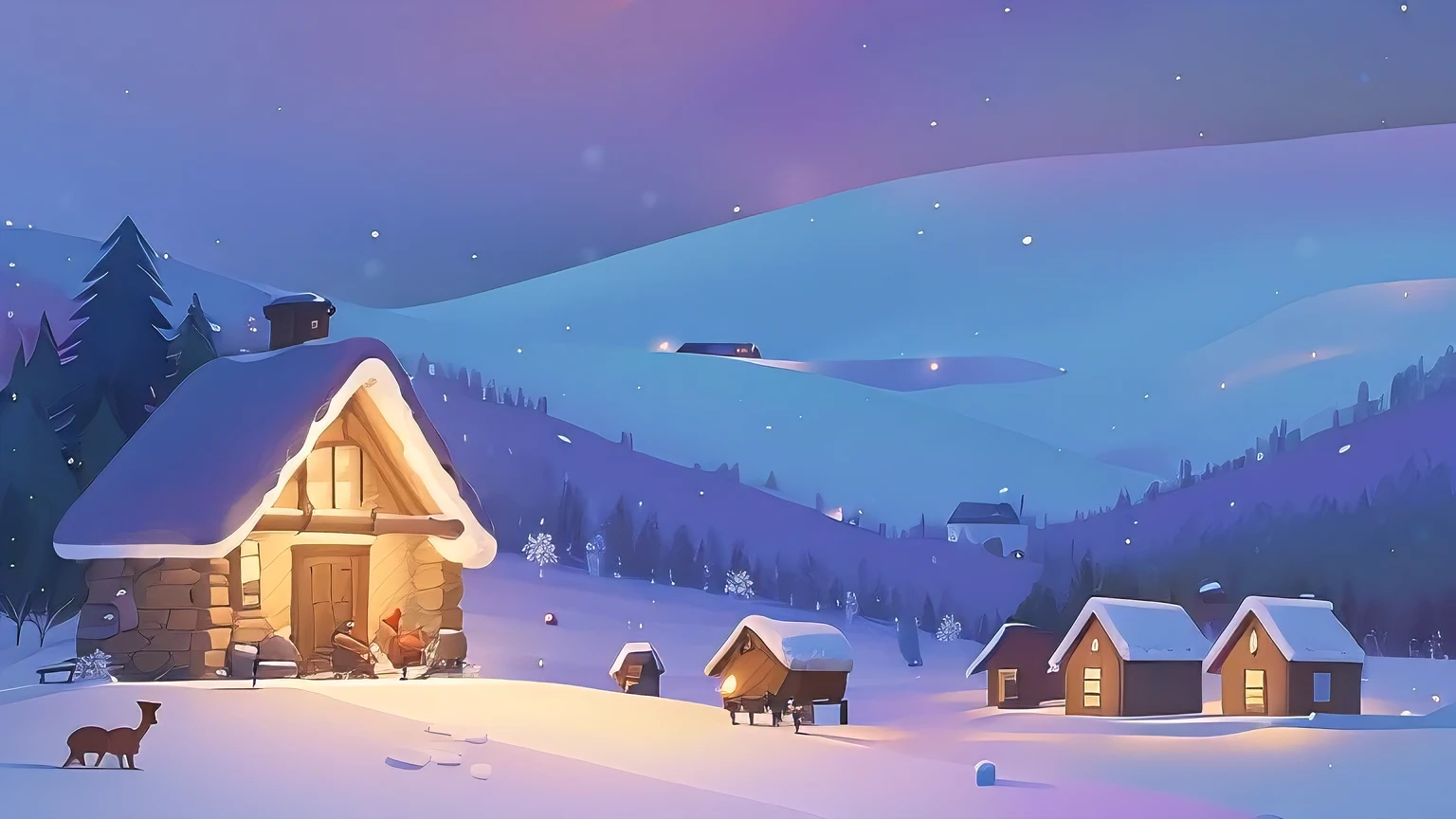Christmas illustration of a snowy land with Santa's cabin on a hill. Santa Claus standing by the reindeers and petting them. Children stylized illustration filled with blues and purples creating magical and cozy winter scenery. Detailed kids book illustration, concept art environment with depth.