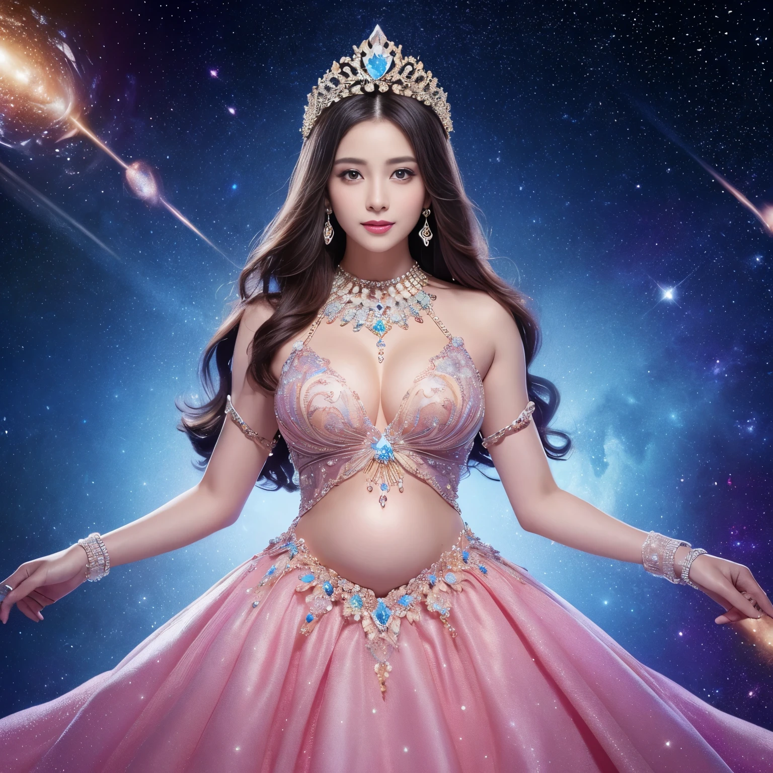 ((highest quality、table top、8K、best image quality、extremely complex and detailed depiction))、(one of the most beautiful princesses:1.1)、big and full breasts、Shining beautiful skin、the biggest smile looking at me、(The most fantastic and sparkling cosmic finest dress:1.2)、(The most fantastic sparkling galaxy dress:1.2)、beautiful elegant decoration、Diamond Decoration、The most luxurious and highest quality giant tiara、The most luxurious and highest quality giant necklace、artistic decoration、finest jewelry decoration、The most gorgeous decorations in the world、The most fantastic and mysterious galaxy background、shining galaxy starry sky、the most mysterious cosmic glow、accurate anatomy、upper body photo、slightly pregnant