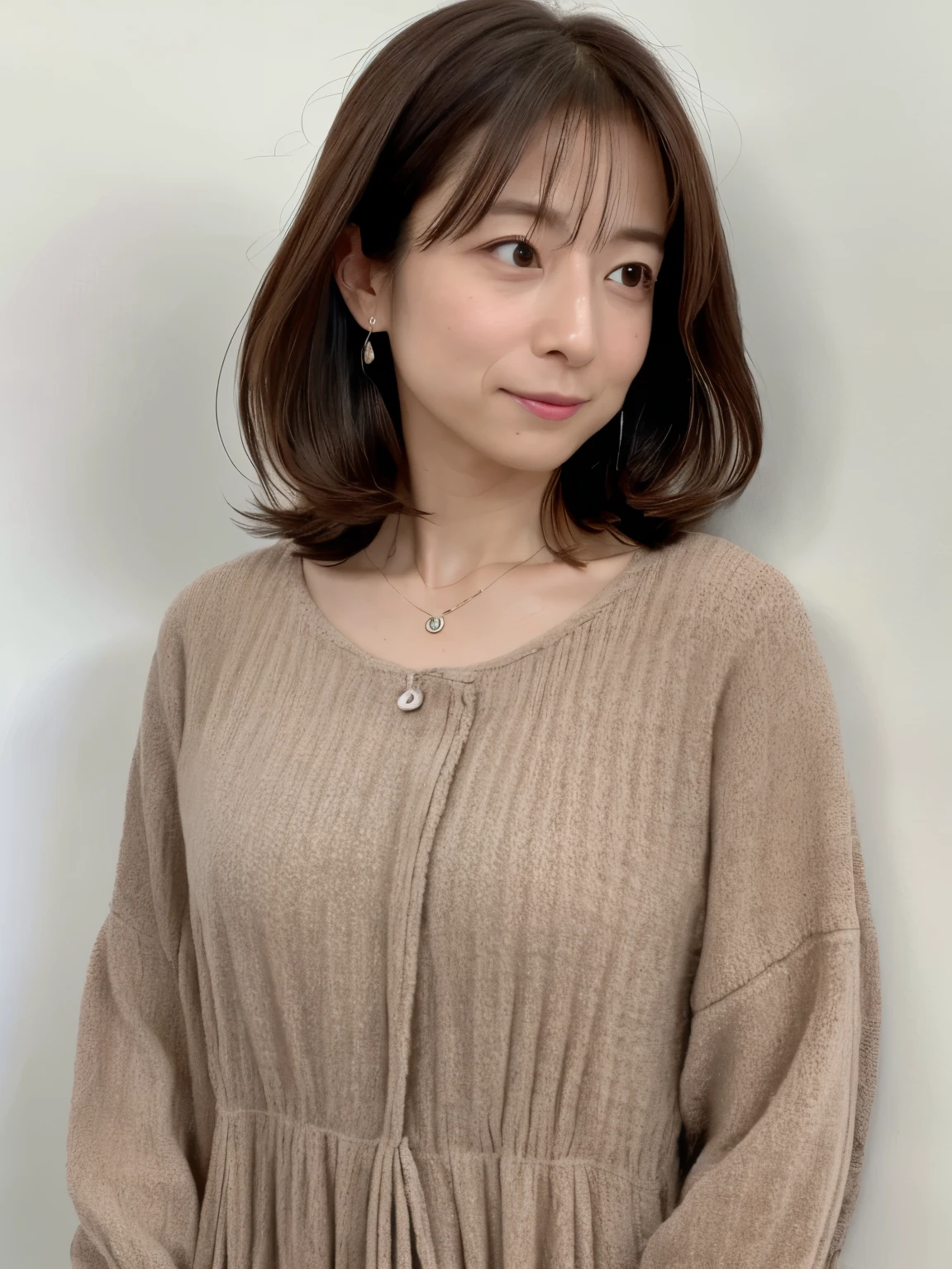 (Highly realistic photos, High resolution, detailed face, fine eyes), Taken in front of a white wall、japanese woman, 40 years old, Variety of facial expressions, alone:1, slim figure, different hairstyles, casual clothes, Alone in a photo、long sleeve dress、Shot in natural light、simple necklace、Spring clothes、Don't look at the camera、profile、Dark brown hair color