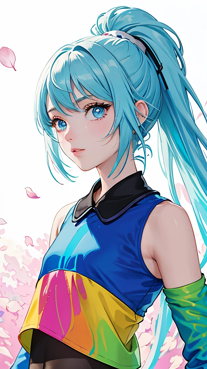 （Pink fashion T-shirt：1.9），（Colorful hair：1.8），（Rainbow all colors：1.8），（（（（Vertical painting：1.6)）），（painting of a：1.6），frontage，comic strip,illustration,painting of a,largeeyes,crystal-clear,（rainbow color gradient high ponytail：1.7）,Delicatemakeup,Keep one's mouth shut,(Small Fresh:1.5),(Bandeau:1.6),long eyelasher,White shoulder T- shirt, White Shoulder Shirt，looking at viewert，watery big eyes，(rainbow colour hair：1.6), color splash, （solo：1.8）, color splash, color explosion, colour splash, color explosion, Thick lacquer style，Messy lines，((shining)) ，(colorful), (colorful), (colorful), colorful, Thick Paint Style, (Splash) (Color Splash), Vertical Painting, Paint Splash, Acrylic Pigment, Gradient, Paint, Highest Image Quality, Highest image quality, Masterpiece, Solo, Depth of Field, Face Paint, colorful clothes, (ellegance: 1.2), opulent, long whitr hair, ventania, (ellegance: 1.3), (petals: 1.4)，(((masterpiece))),(((Best quality at best))),((ultra - detailed)),(illustratio),(dynamic angle),((floatking)),(Paintwork),((Loose hair)),(solo),(1girl) , (( (Detailed anima face))),((Beautiful detailed face)),collars,exposed bare shoulders,whaite hair,((The color hair)),((Striped hair)),Beautiful detailed eyes,(Gradient color eyes),(( （Colored eyes））），（（（coloured background））），（（（high saturated））），（（（Surrounded by colorful splashes））），（Only the avatar is displayed）