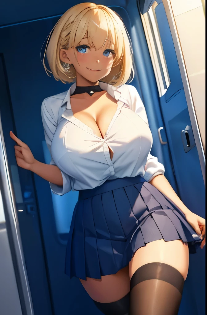 1girl, gigantic breasts,dark skin,short hair,white shirt,cleavage,blonde hair,smirk,choker,pleated skirt,thighhighs、 脱衣所、自宅、洗濯物