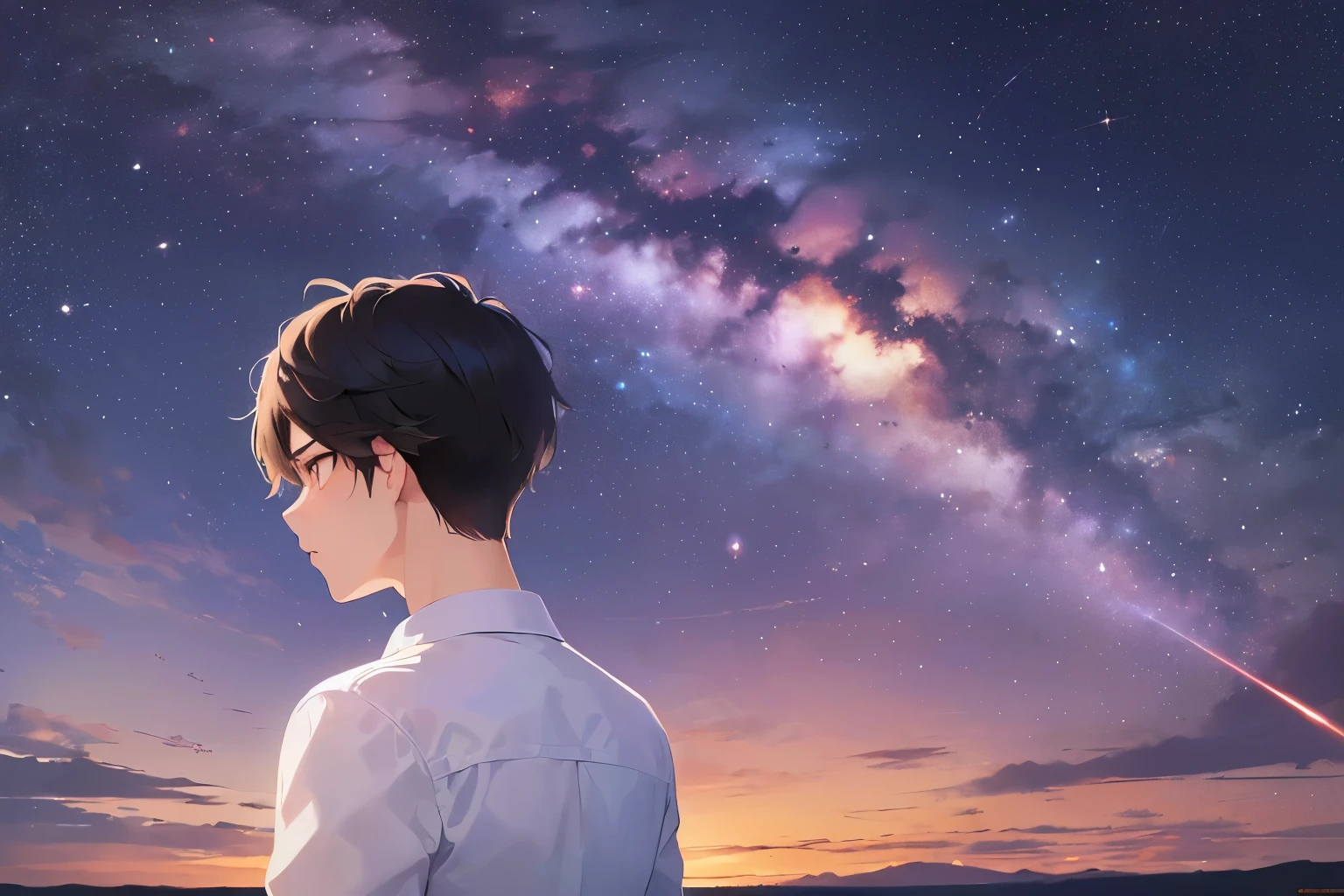 midnight, masterpiece、high quality、(looking away:1.5), (A 25-year-old man with short black hair and orange eyes.:1.5)、wearing a white shirt、(Alone:1.5)、(worried:1.1)、(Only the upper body is shown.:1.3)、Starry sky background、bold composition、