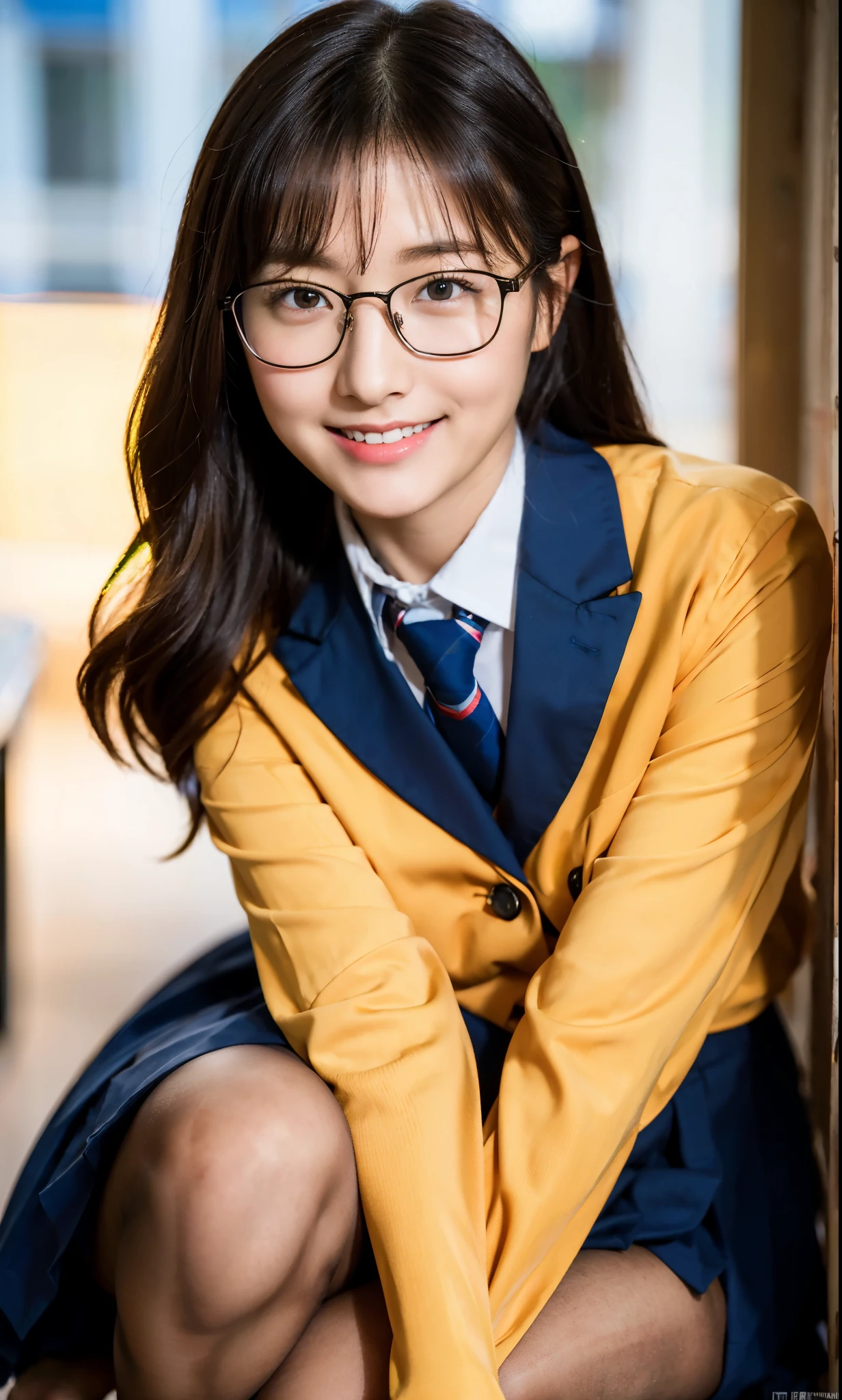 Ulchan-6500-v1.1, (RAW photo:1.2), (realistic:1.4), beautiful detailed girl, very detailed eyes and face, beautiful and fine eyes, That's ridiculous, incredibly That's ridiculous, huge file size, Super detailed, High resolution, very detailed, highest quality, masterpiece, young girl、Kemomimi, ((Japanese girls' high school uniform)), figure, very detailed, cg, unified, 8k wallpaper, wonderful, small details, masterpiece, highest quality, very detailed cg uniform 8k wallpaper, face light, cinematic lighting, 1 girl, 10 years old, (no panties)), (with glasses), ((dynamic pose))), (camel toe), (half),, (bent knees and sitting legs))、smile、