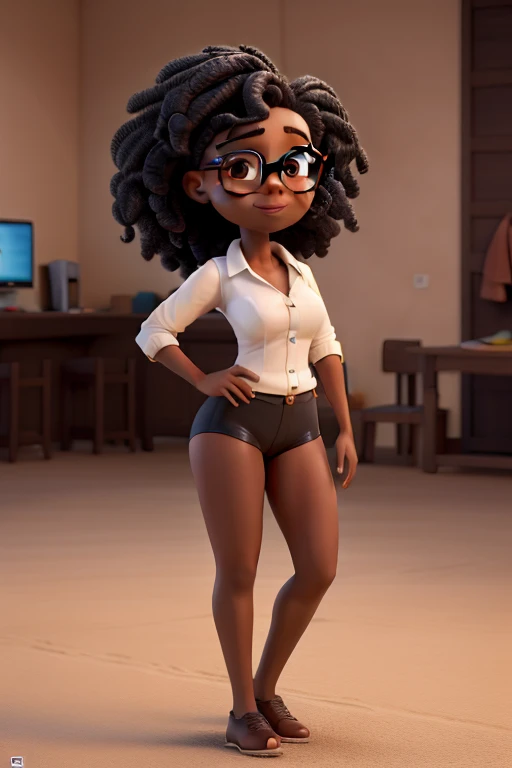 Obra-prima, de melhor qualidade, uma mulher de pele parda, cabelo cacheado preto e curto, brown glasses and eyes.