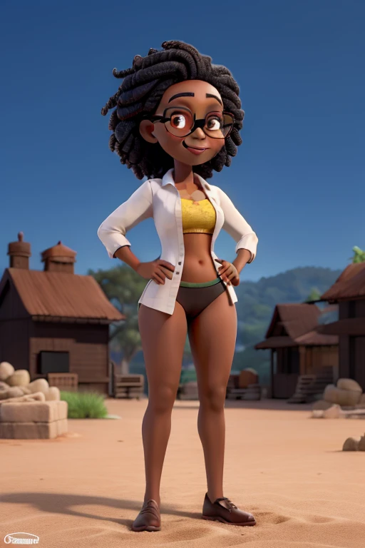 Obra-prima, de melhor qualidade, uma mulher  de pele parda, cabelo cacheado preto e curto, brown glasses and eyes.