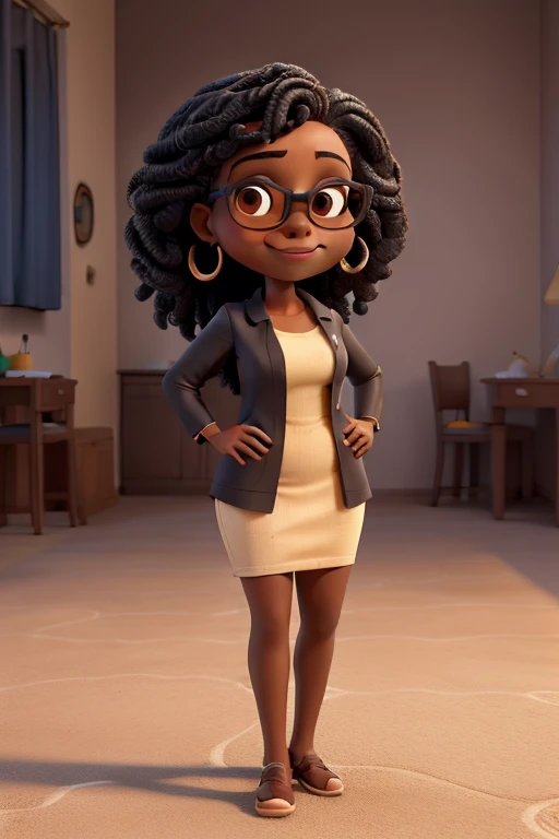 Obra-prima, de melhor qualidade, uma mulher de pele parda, cabelo cacheado preto e curto, brown glasses and eyes.