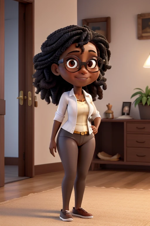 Obra-prima, de melhor qualidade, uma mulher  de pele parda, cabelo cacheado preto e curto, brown glasses and eyes. nua