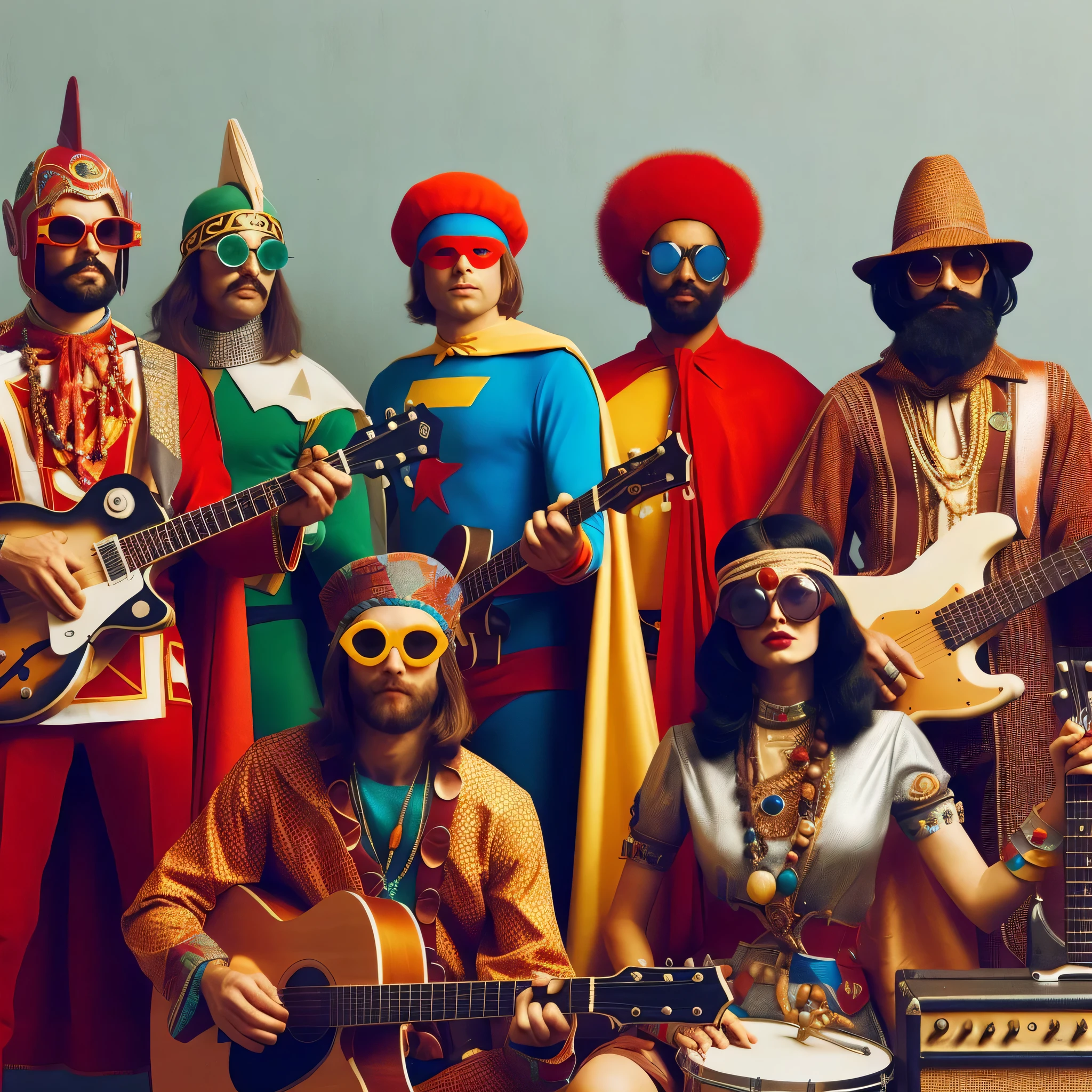 <lora:AlejandroJodorowsky:1>a group of people in costumes standing next to each other in front of a crowd by Alejandro Jodorowsky
