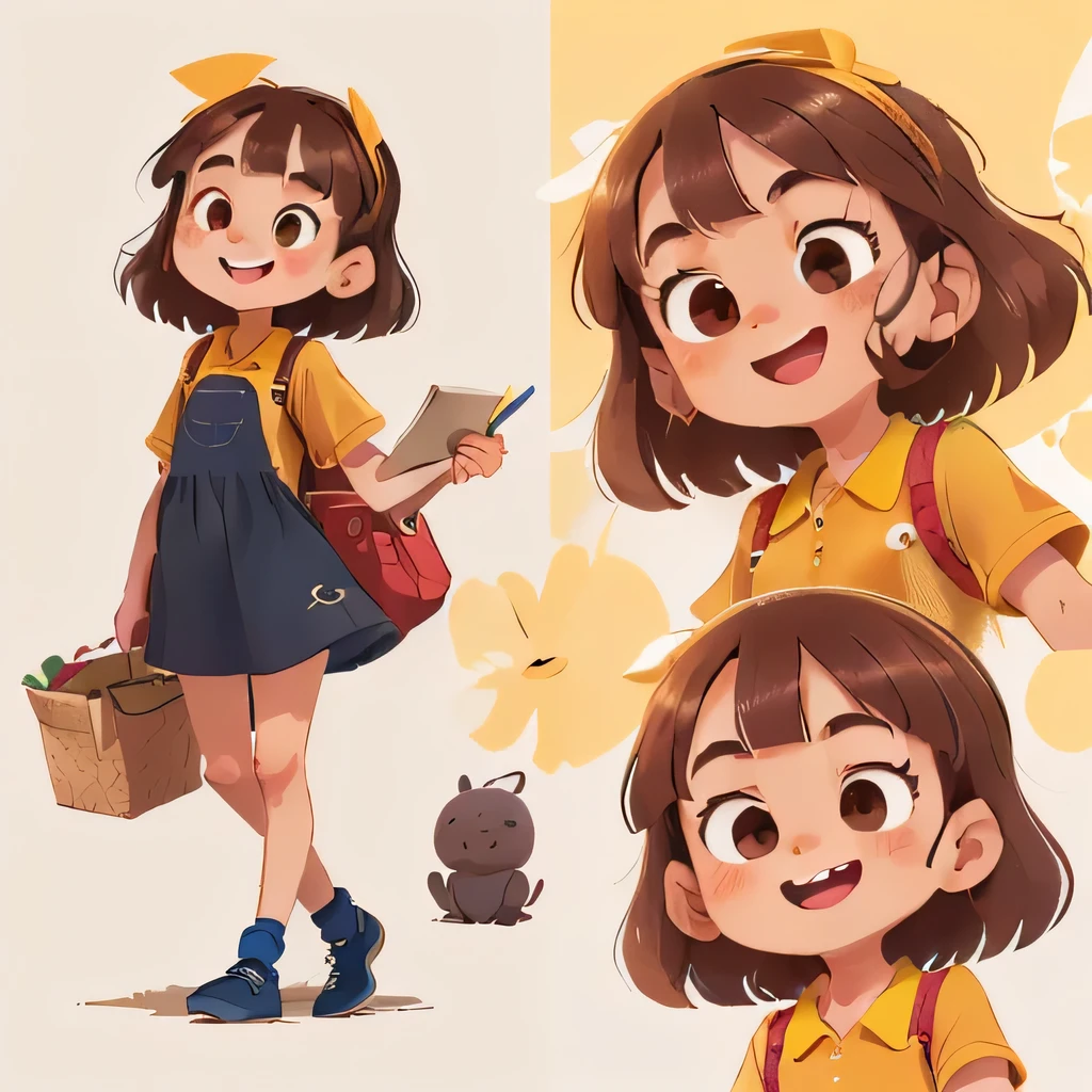 ((character design sheet, same character, front, side, back)), illustration, illustration, landscape, landscape, close-up, perfect quality, has clear focus (master piece: 1.2), different expressions (1.3), various expressions, happy, smiling, cute eyes, anthropomorphic styles, (( writing a letter)), a small 6 year old girl, full body, light skin, dark brown eyes, ((neck-length brown hair)), ((she is wearing a delicate dark blue dress with no prints underneath the yellow polo shirt dress)), red shoes, yellow socks and a red backpack, she is happy, adventurous, (Bokeh) (best quality) (skin detail: 1.3) (intricate details) (8k) (eye detail) (sharp focus), white background, no background.