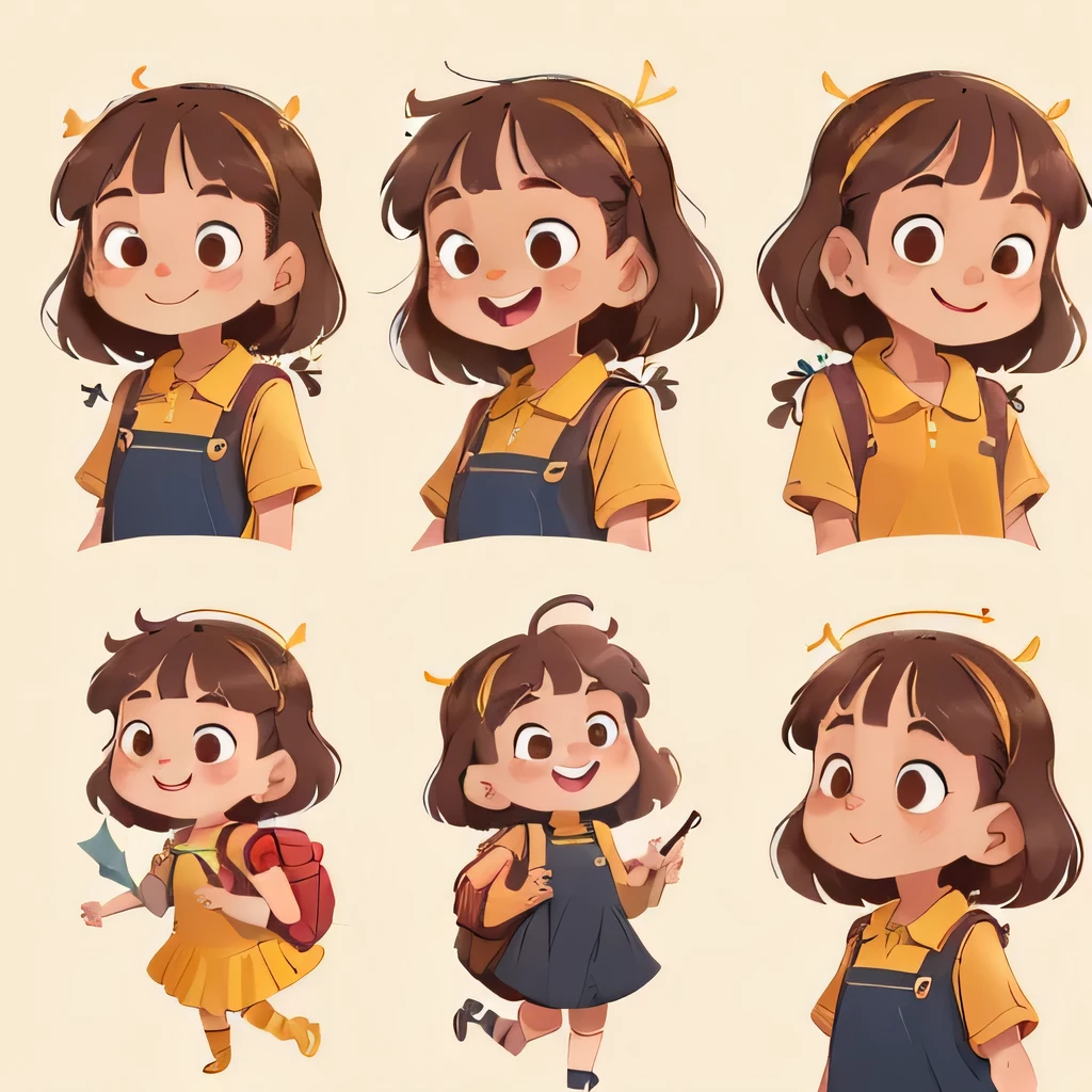 ((character design sheet, same character, front, side, back)), illustration, illustration, landscape, landscape, close-up, perfect quality, has clear focus (master piece: 1.2), different expressions (1.3), various expressions, happy, smiling, cute eyes, anthropomorphic styles, (((writing a letter))), a  6 year , full body, light skin, dark brown eyes, ((neck-length brown hair)), ((she is wearing a delicate dark blue dress with no prints underneath the yellow polo shirt dress)), red shoes, yellow socks and a red backpack, she is happy, adventurous, (Bokeh) (best quality) (skin detail: 1.3) (intricate details) (8k) (eye detail) (sharp focus), white background, no background.