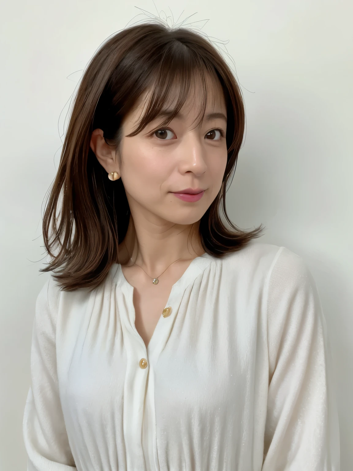 (Highly realistic photos, High resolution, detailed face, fine eyes), Taken in front of a white wall、japanese woman, 40 years old, Variety of facial expressions, alone:1, slim figure, different hairstyles, casual clothes, Alone in a photo、long sleeve dress、Shot in natural light、simple necklace、Spring clothes、Don't look at the camera、profile、Dark brown hair color