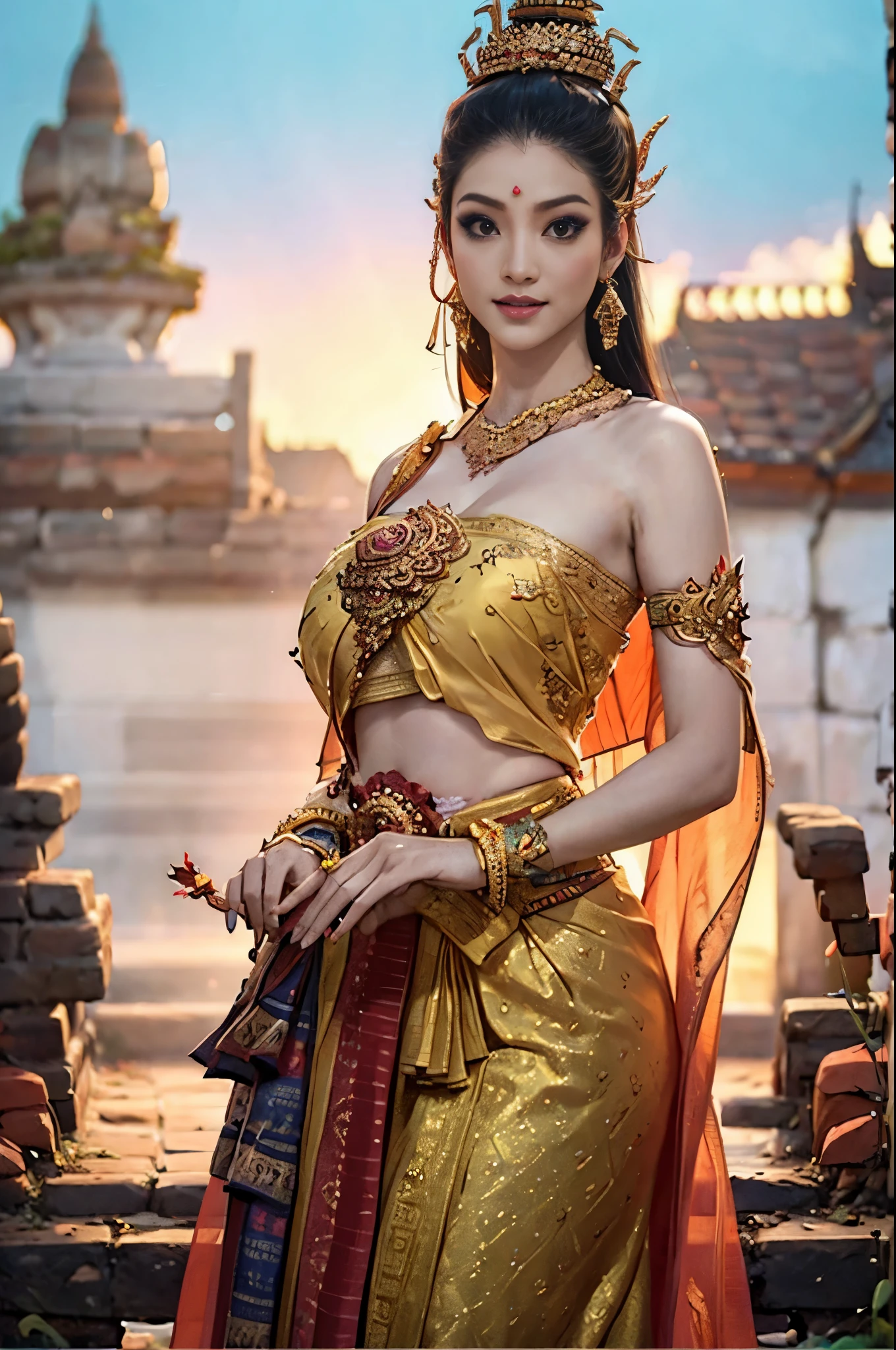 (best quality,photo-realistic),arrafed Thai woman,sexy ancient Sukhothai costume,loincloth,ornament,visible breast,revealing cloth,cultural,colorful,exquisite details,fine hand embroidery,elaborate headdress,traditional makeup,majestic pose,sunset glowing,Ancient Thai temple backdrop,serene atmosphere,soft lighting,vibrant colors,historical fusion,laterns lighting the scene,lotus flowers adorning the surroundings,aesthetic balance,ethereal beauty