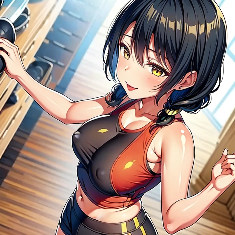 Gaki ni Modotte Yarinaoshi, (Mother, Sera's mother, honey eyes, yellow eyes, elegant), reflection, (gym, Alone, 1girl, fitness, solo), sunset, Black hair, tied hair, smile, ((side perspective, seductive look, mother)) (((Leggings, shorts, tops, red lipstick, tied hair, medium breasts, athletic body))) Sera, Anime, milf, exercising, working out, ((3/4 perspective, three-quarter perspective, ass, perky ass))